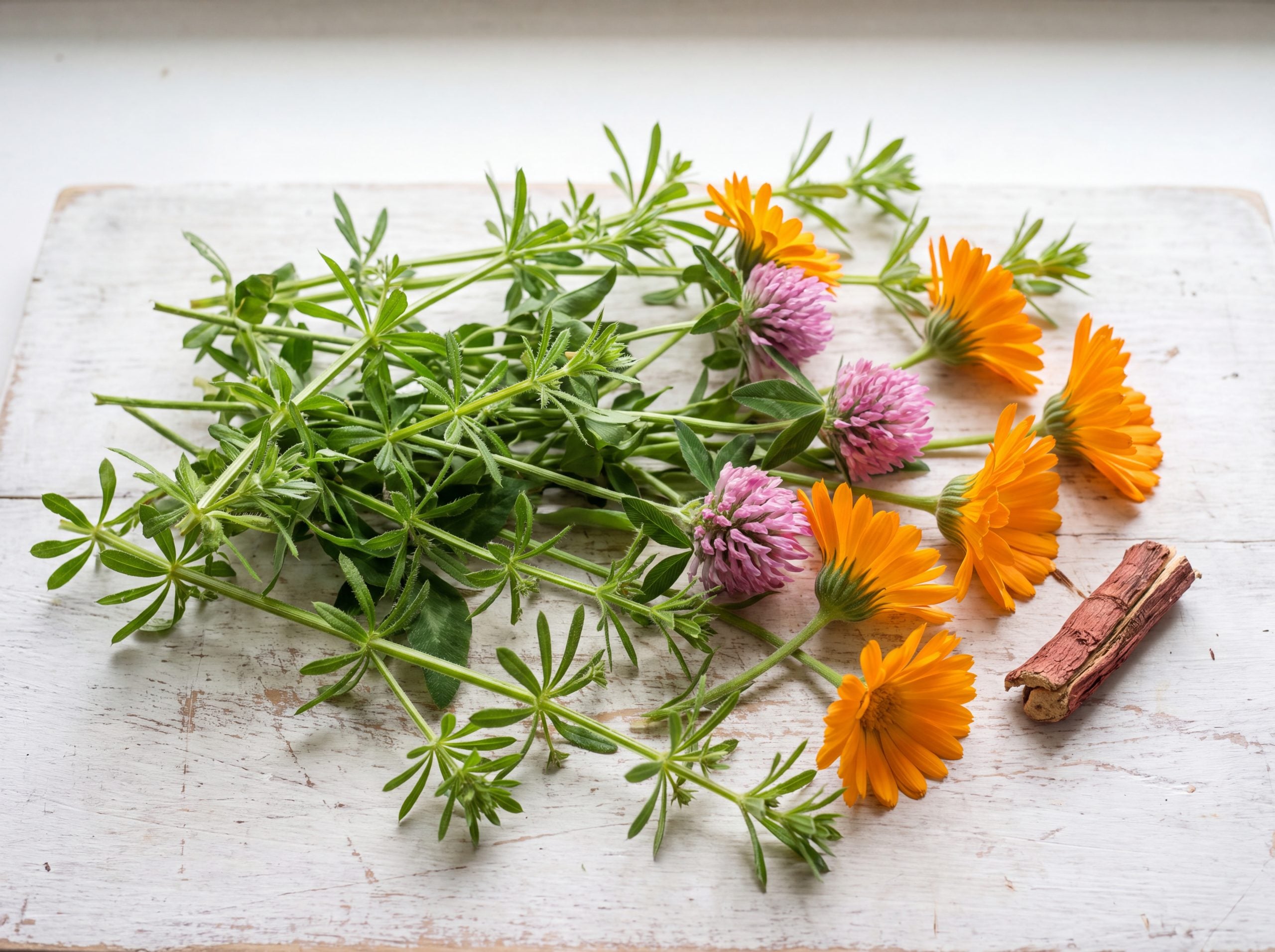 Fresh cleavers, red clover blossoms, calendula flowers and dried red root bark on whitewashed wood