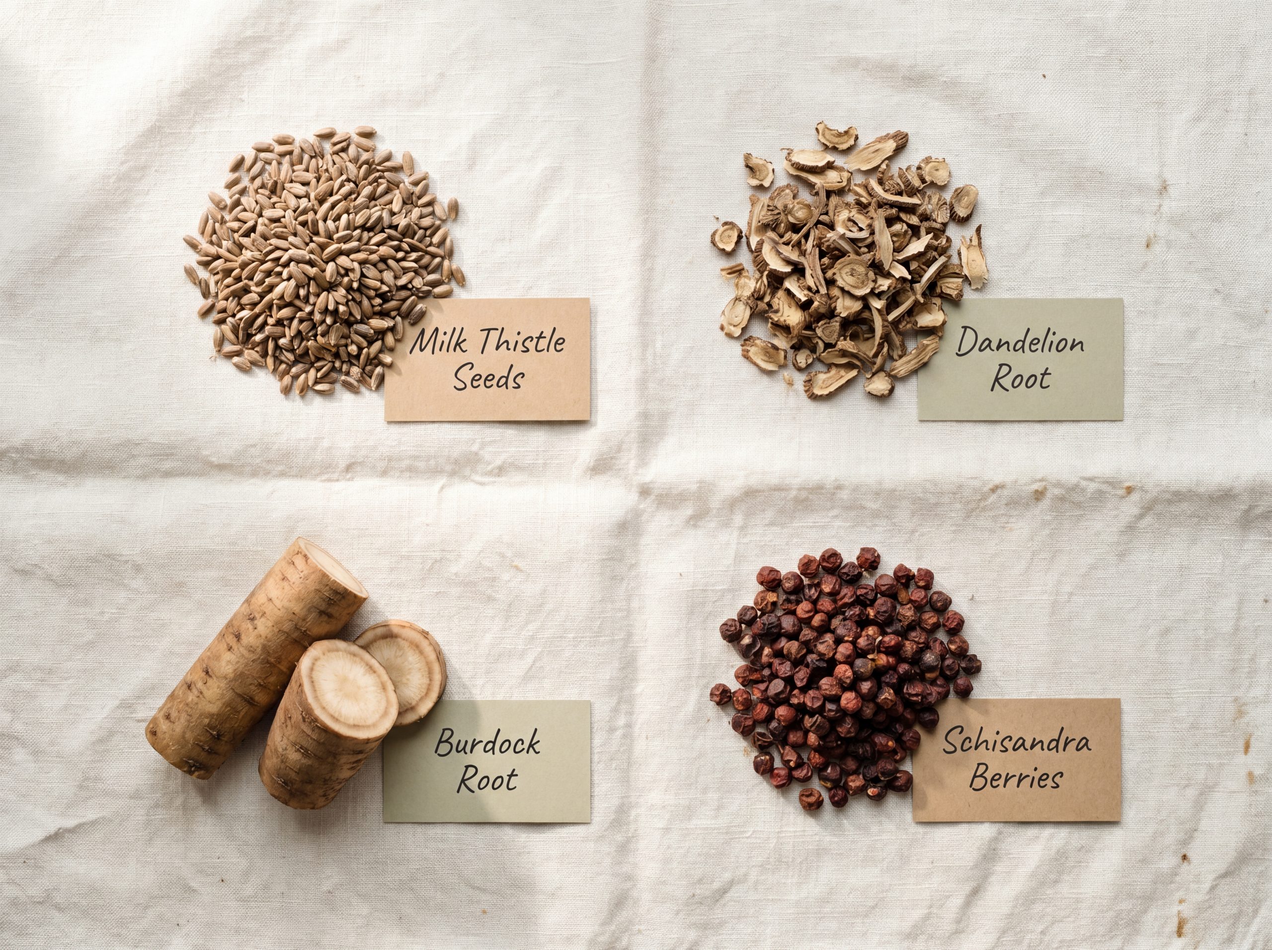 Detoxifying herbs flat lay with milk thistle dandelion root burdock and schisandra berry for hepatic and lymphatic support