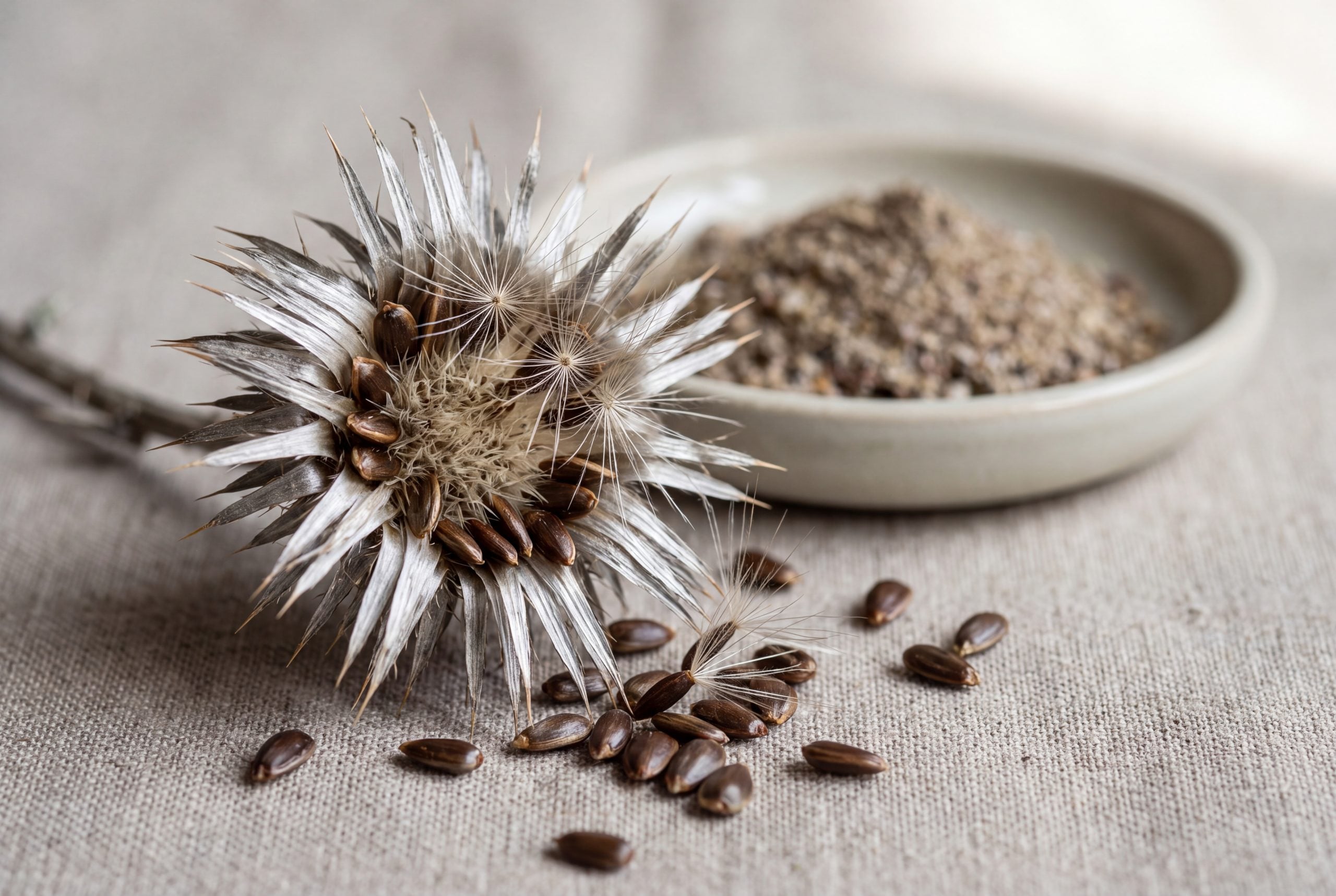Dried milk thistle seed head with scattered seeds and ground powder, source of silymarin flavonolignans