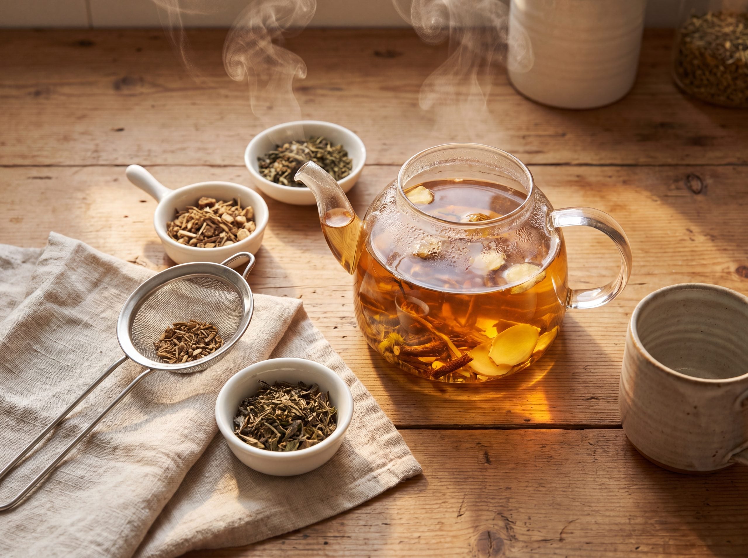 Glass teapot steeping dandelion root and ginger tea with measured loose herbs and a strainer nearby