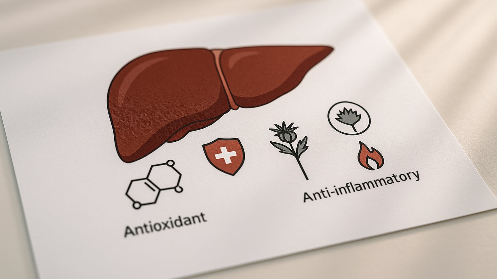 An informational graphic showing a diagram of a human liver with icons representing milk thistle's potential benefits, such as antioxidant and anti-inflammatory effects.