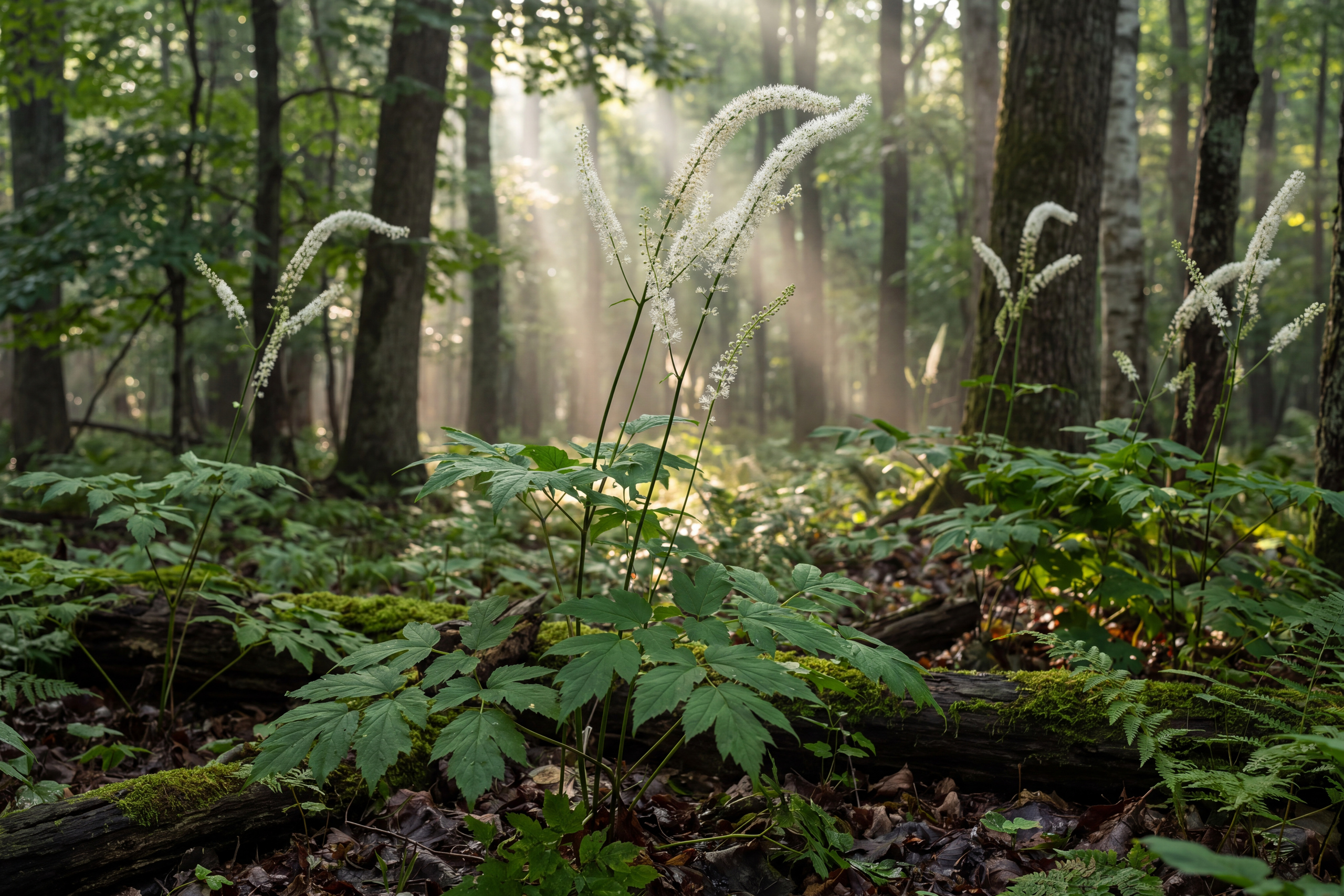 Black cohosh in flower with white blossom wands in its native eastern North American forest habitat.