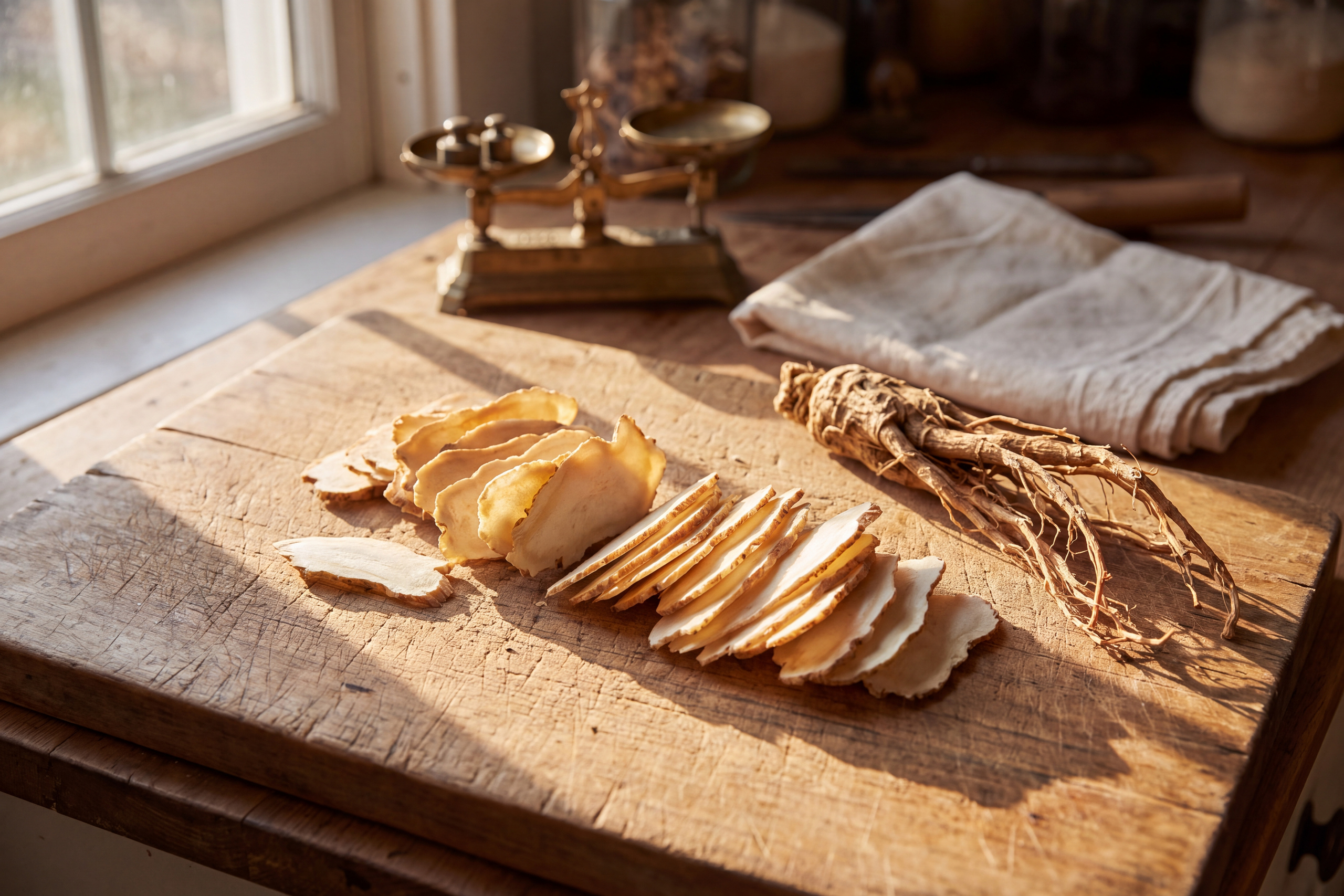 Sliced dong quai root wafers on a wooden board beside a whole Angelica sinensis root.