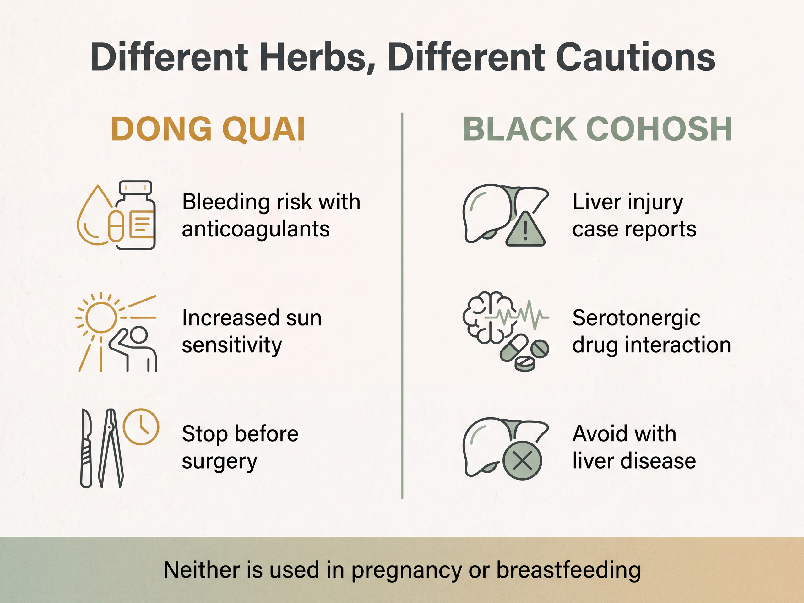 Infographic comparing the different safety cautions for dong quai and black cohosh side by side.