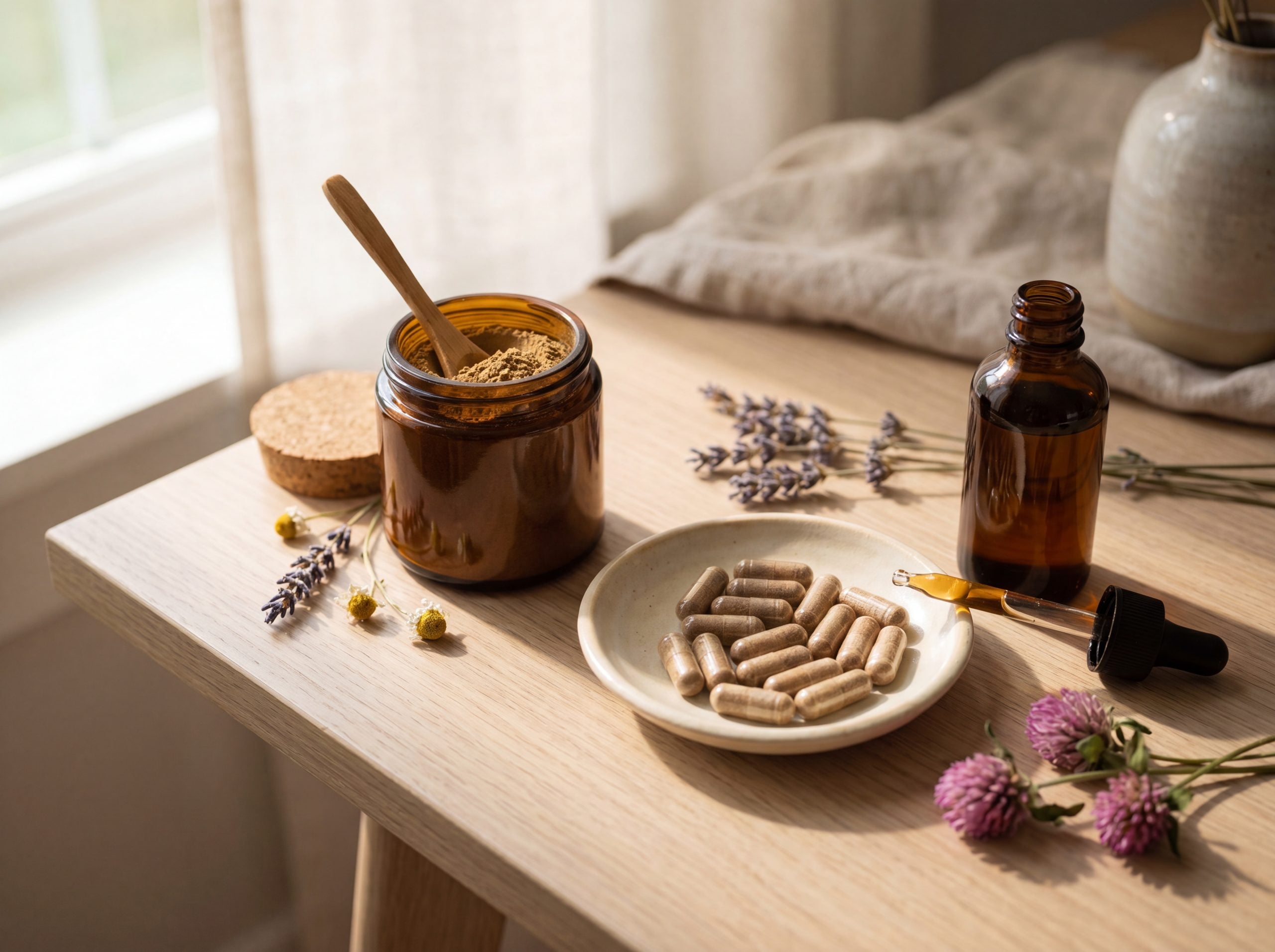 Herbal powder, capsules, and tincture forms of dong quai and black cohosh on a wooden surface