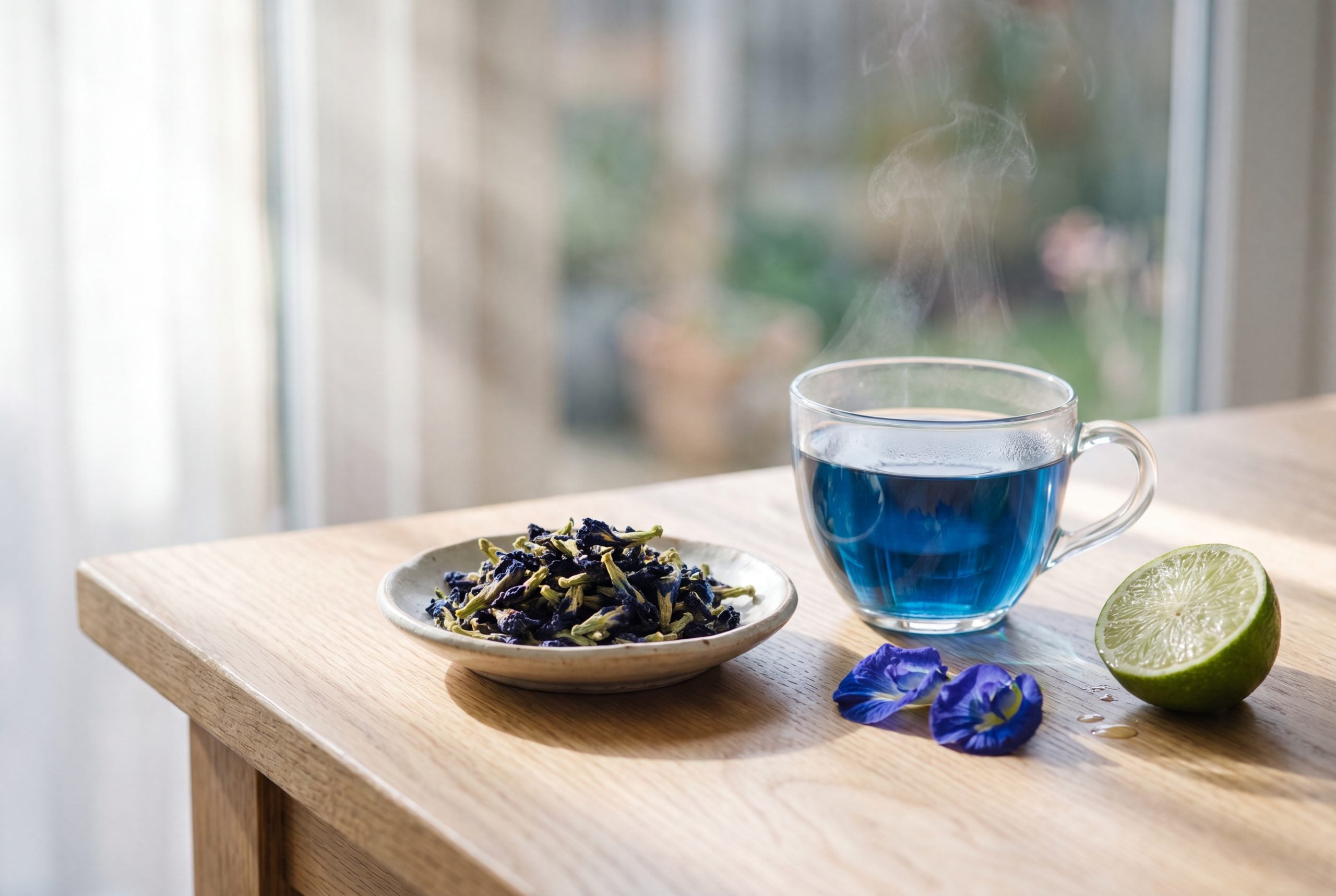 Dried butterfly pea flowers and a cup of blue tea on a wood table, shown as a safe edible culinary ingredient.
