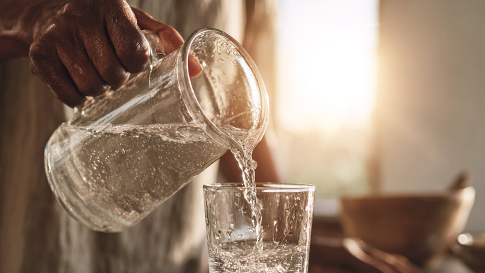 A person pouring a tall glass of water, highlighting the importance of hydration for preventing urinary tract infections.