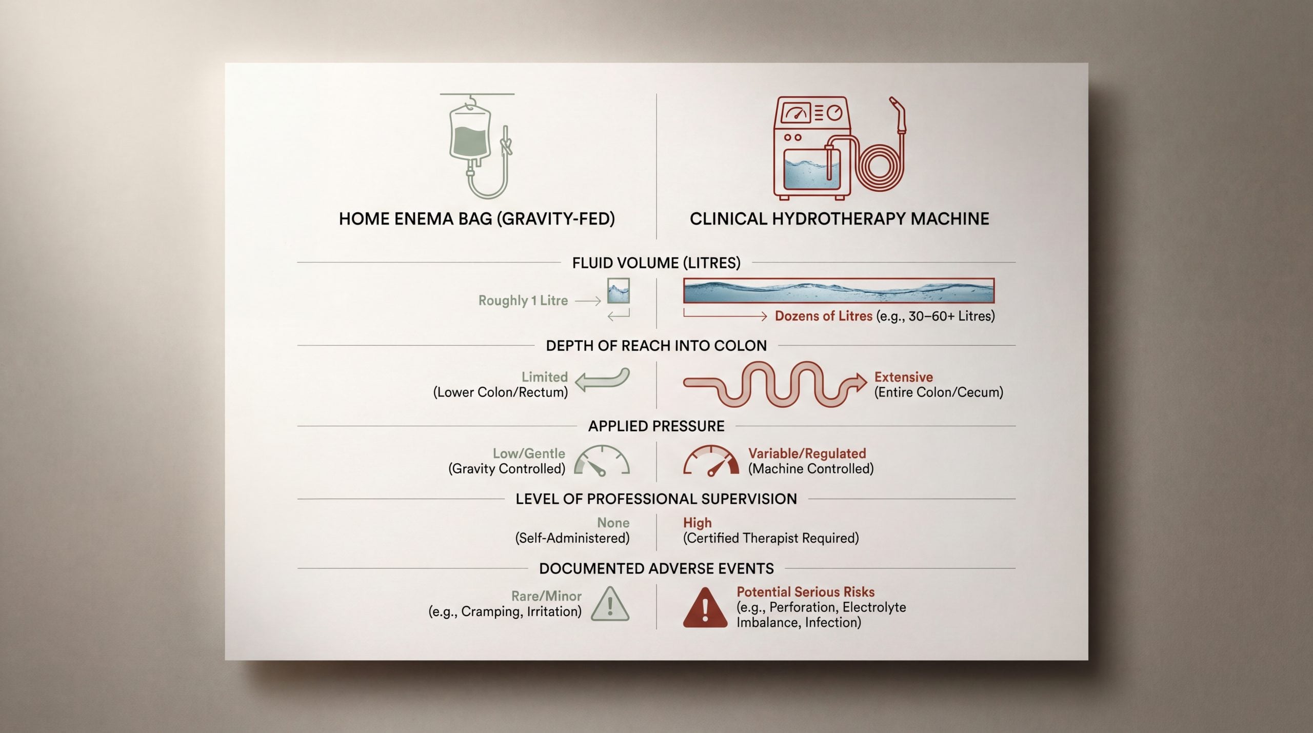 Infographic comparing at-home enema and professional colon hydrotherapy by fluid volume, pressure, supervision, and documented risks