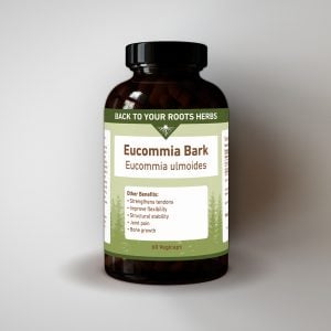 Bottle of Back To Your Roots Herbs Eucommia Bark (Eucommia ulmoides) capsules, 600mg per serving.