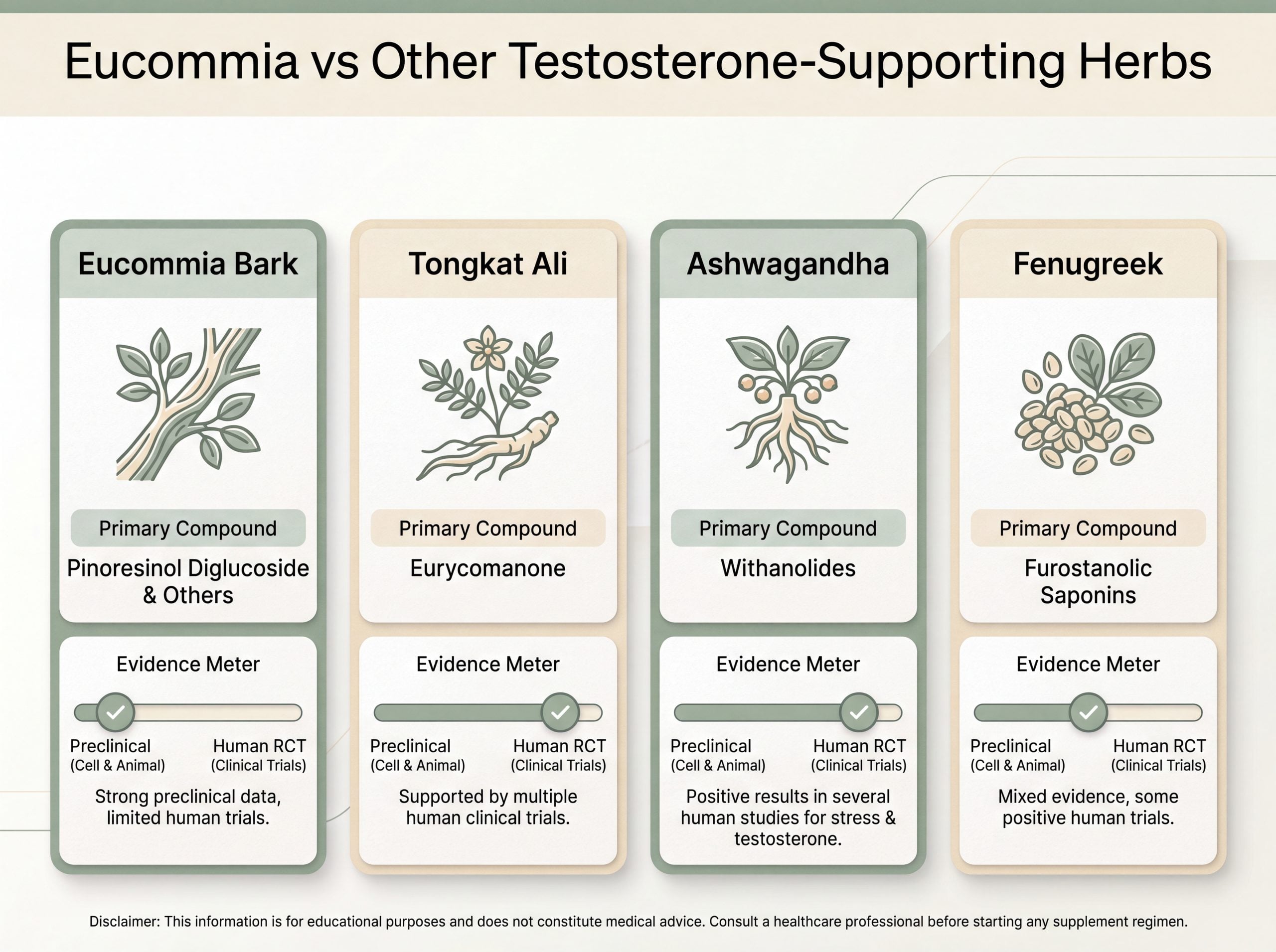 Comparison infographic of eucommia, tongkat ali, ashwagandha, and fenugreek for testosterone evidence