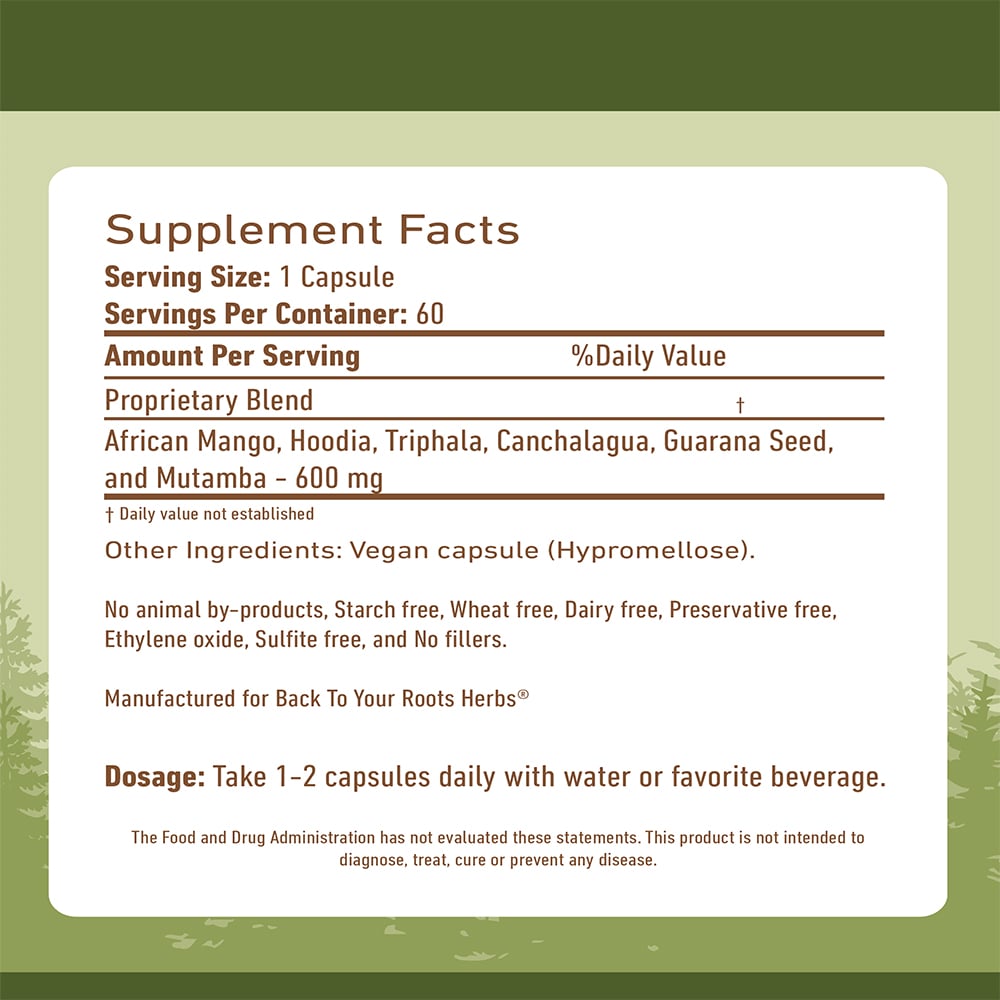 Excess Fat Capsules Supplement facts and ingredient list for Back To Your Roots Herbs Excess Fat capsules, showing a 600mg proprietary blend per serving.