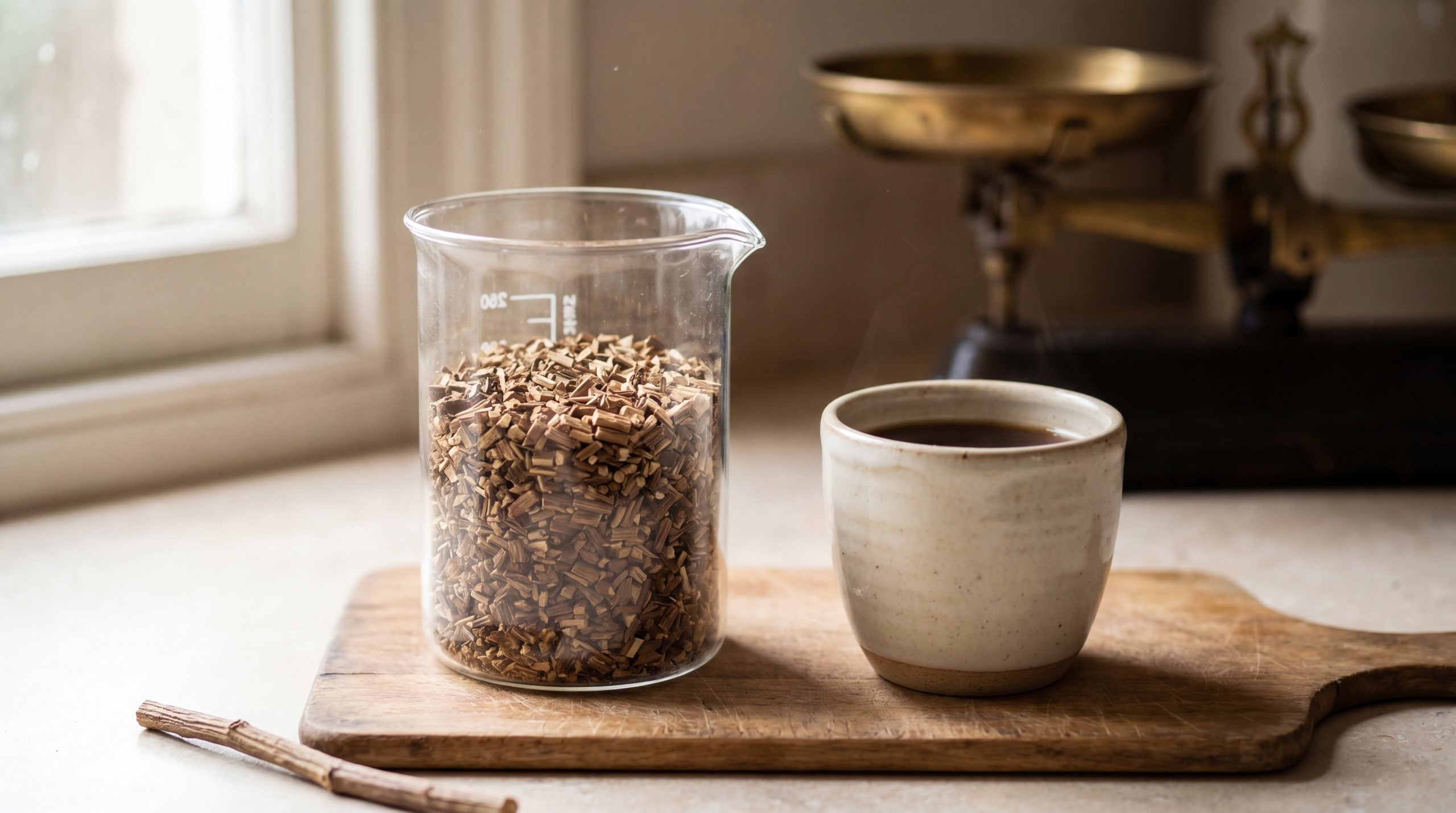 Traditional fadogia agrestis stem decoction preparation with measured dried stem material