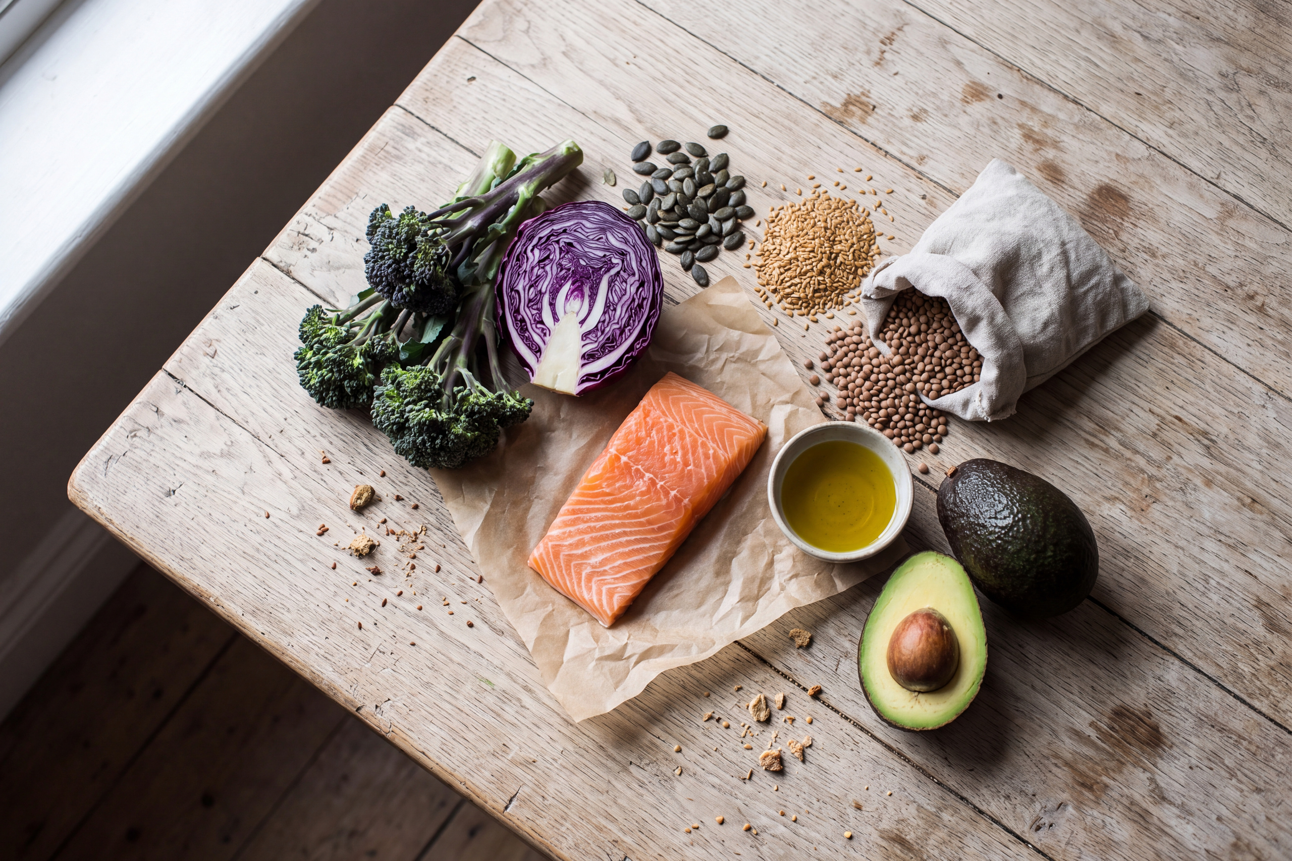 Whole foods supporting female hormone balance including cruciferous vegetables, oily fish, seeds, and legumes on a wooden surface