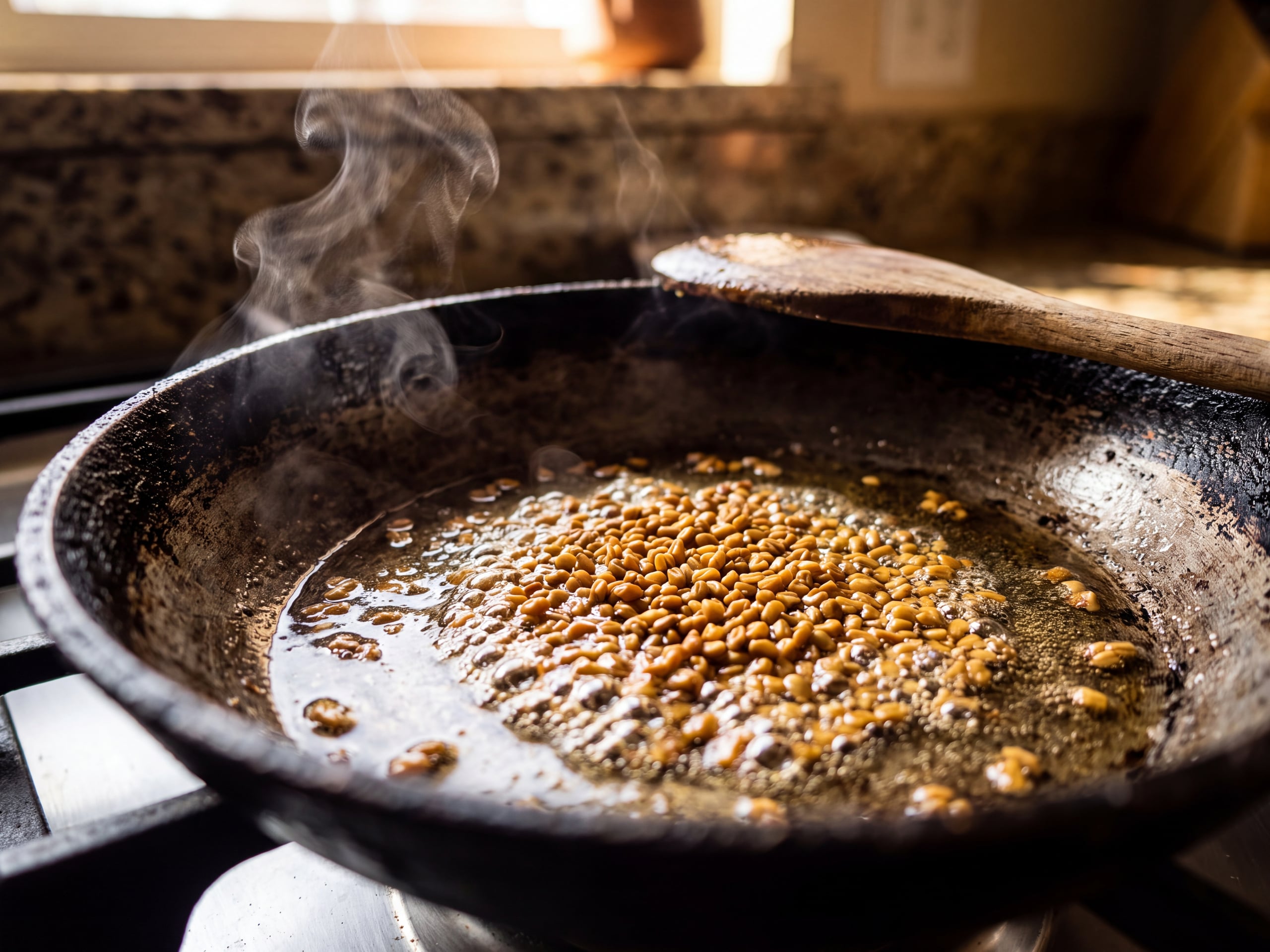 Fenugreek seeds blooming in hot ghee in a steel pan, turning golden brown