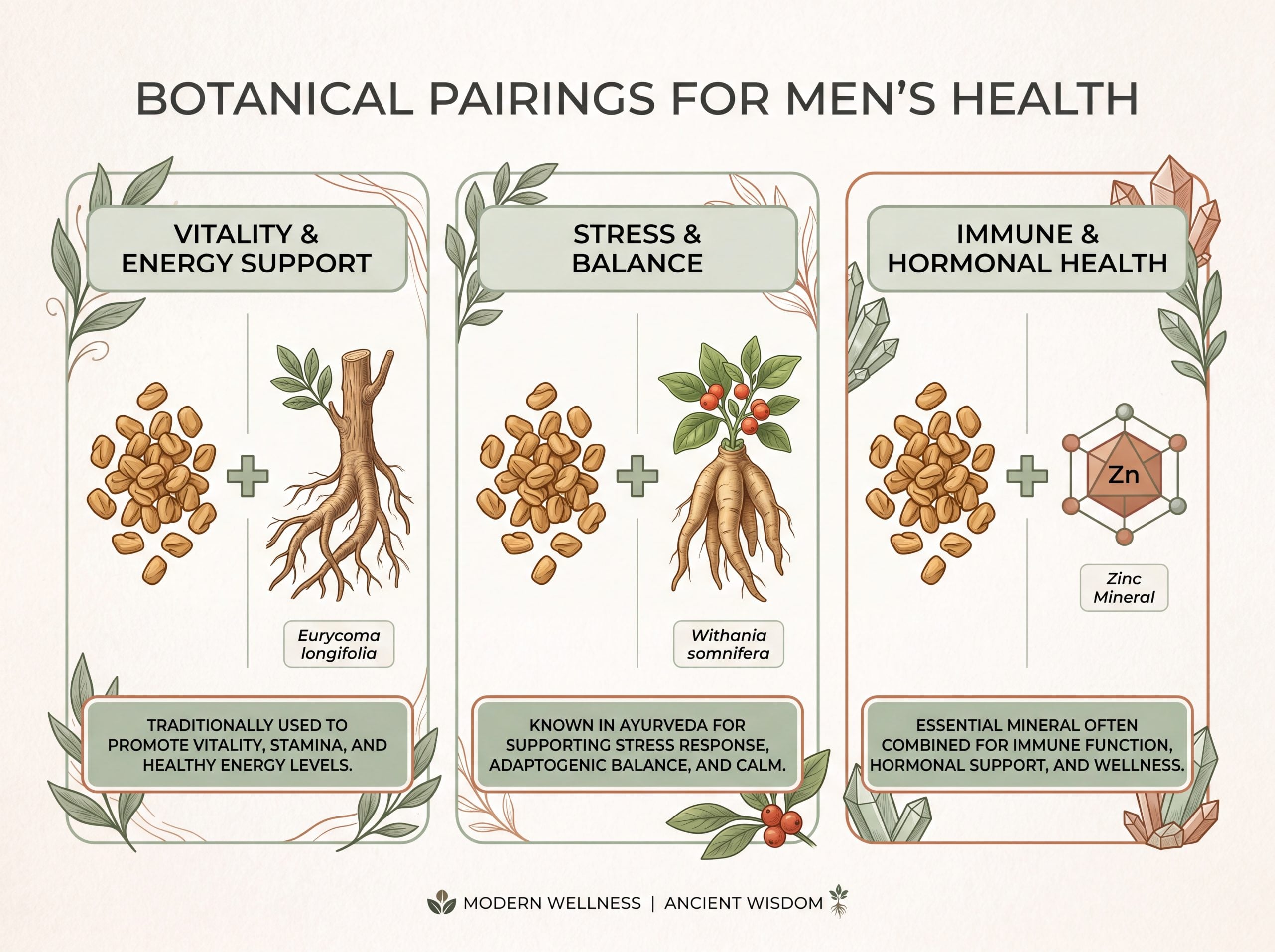 Infographic pairing fenugreek with tongkat ali, ashwagandha, and zinc for men's health support