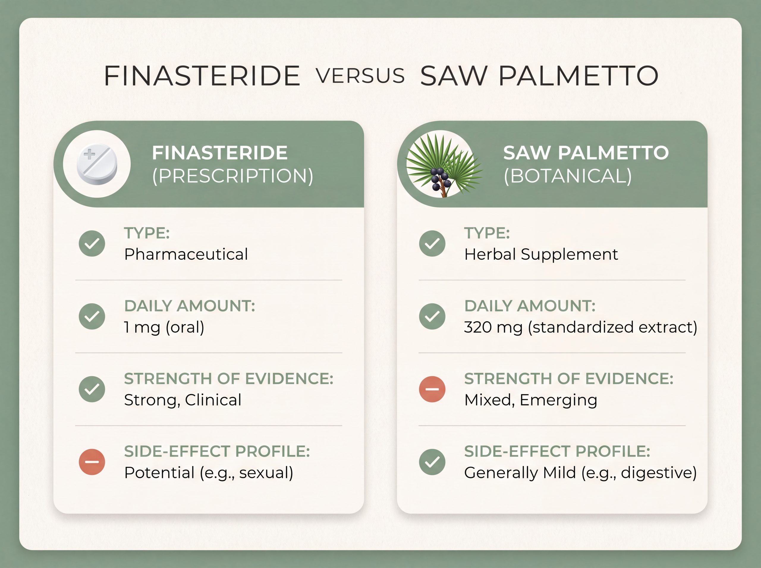 Side-by-side comparison of finasteride and saw palmetto for hair loss, evidence and side effects