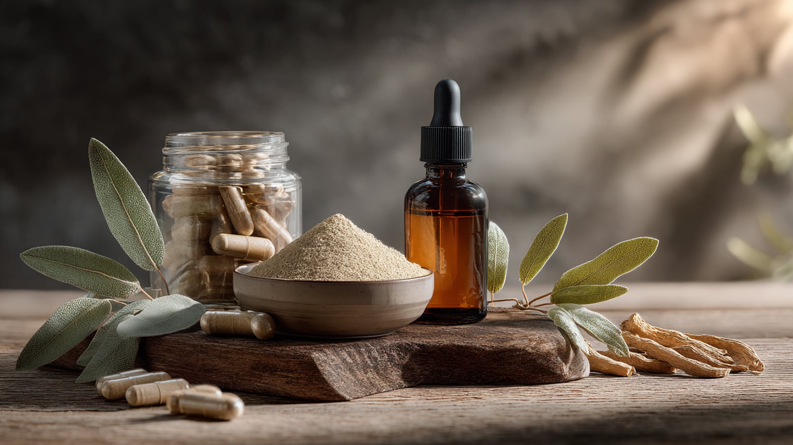 Ashwagandha supplement forms including capsules, standardized root extract powder and liquid extract