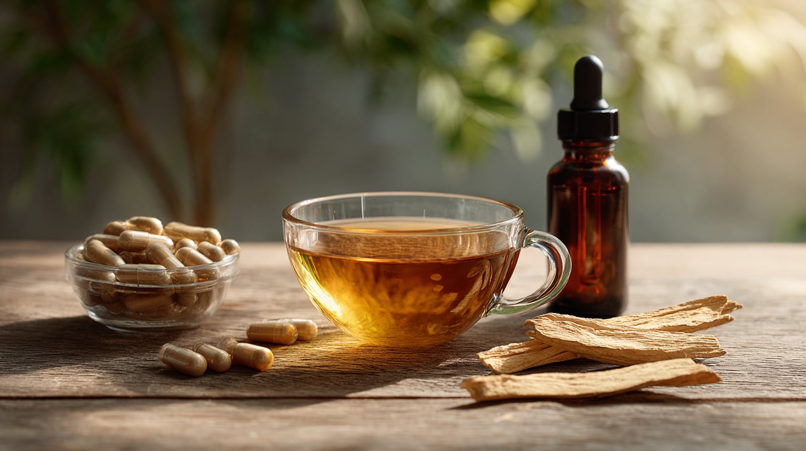 Astragalus root preparations side by side: brewed huang qi tea, capsules, and a liquid tincture.