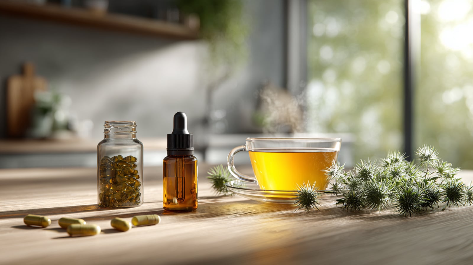A display of the different forms of milk thistle supplements, including capsules, a liquid extract dropper, and tea.