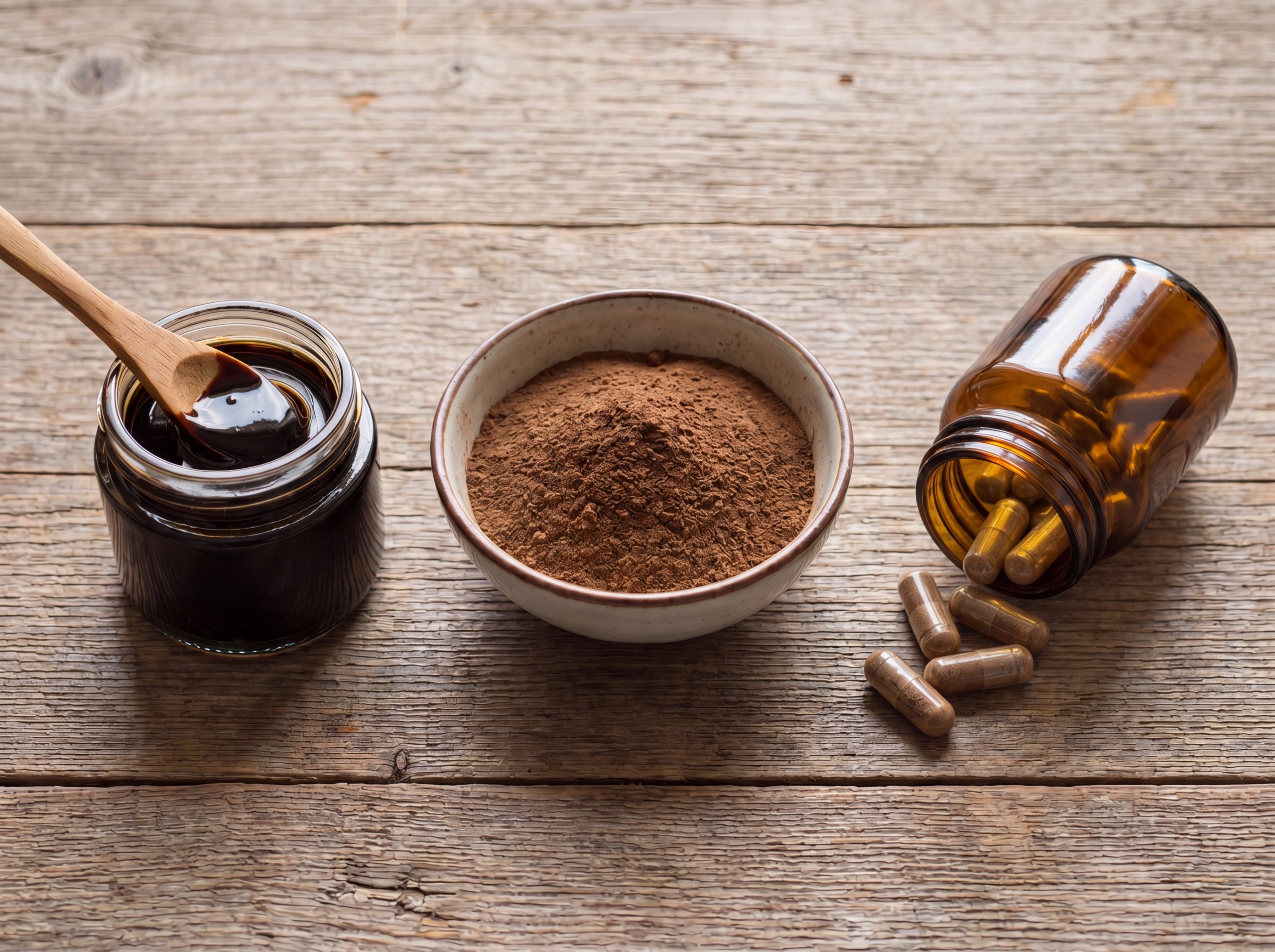 The three forms of pure shilajit supplement compared side by side: resin, powder, and extract capsules.