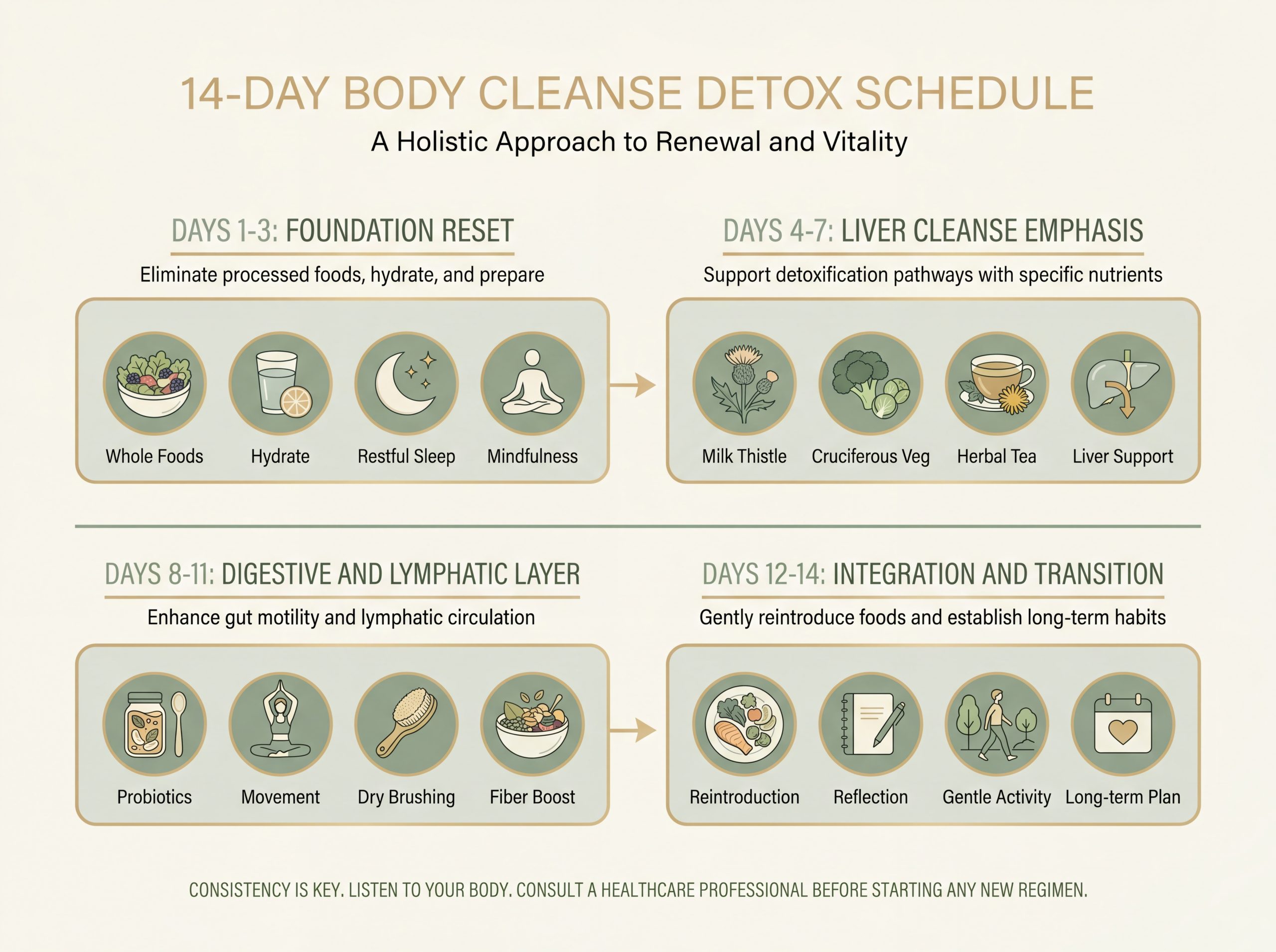 Fourteen day body cleanse detox schedule timeline foundation reset liver cleanse digestive lymphatic integration