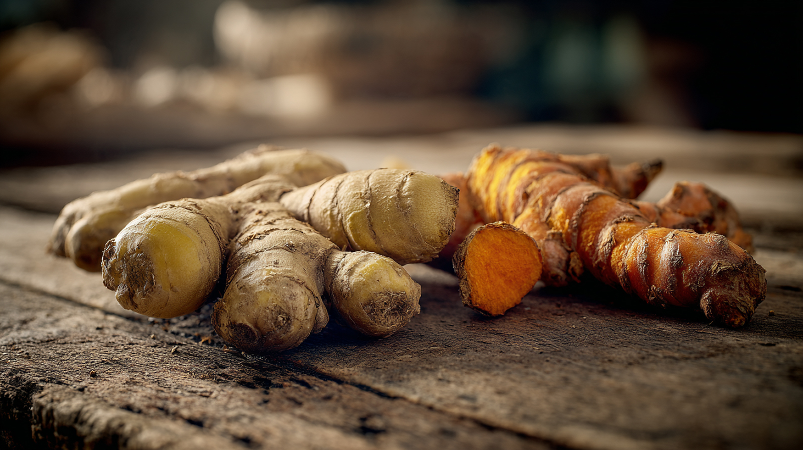 Fresh ginger and turmeric root, two natural herbs known to aid metabolism and reduce inflammation.