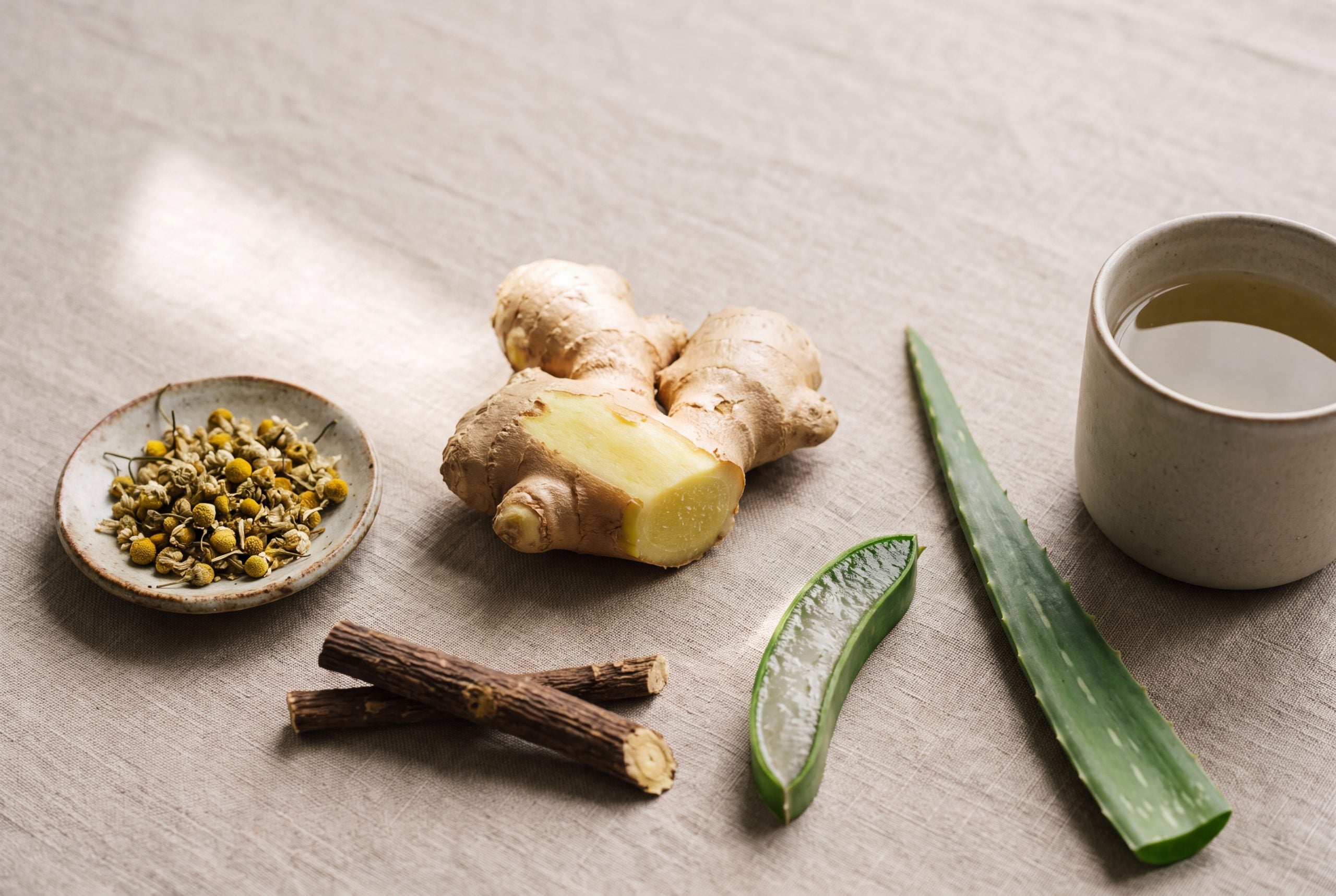 Fresh ginger root, dried chamomile flowers, licorice root and sliced aloe leaf arranged for natural acid reflux relief.