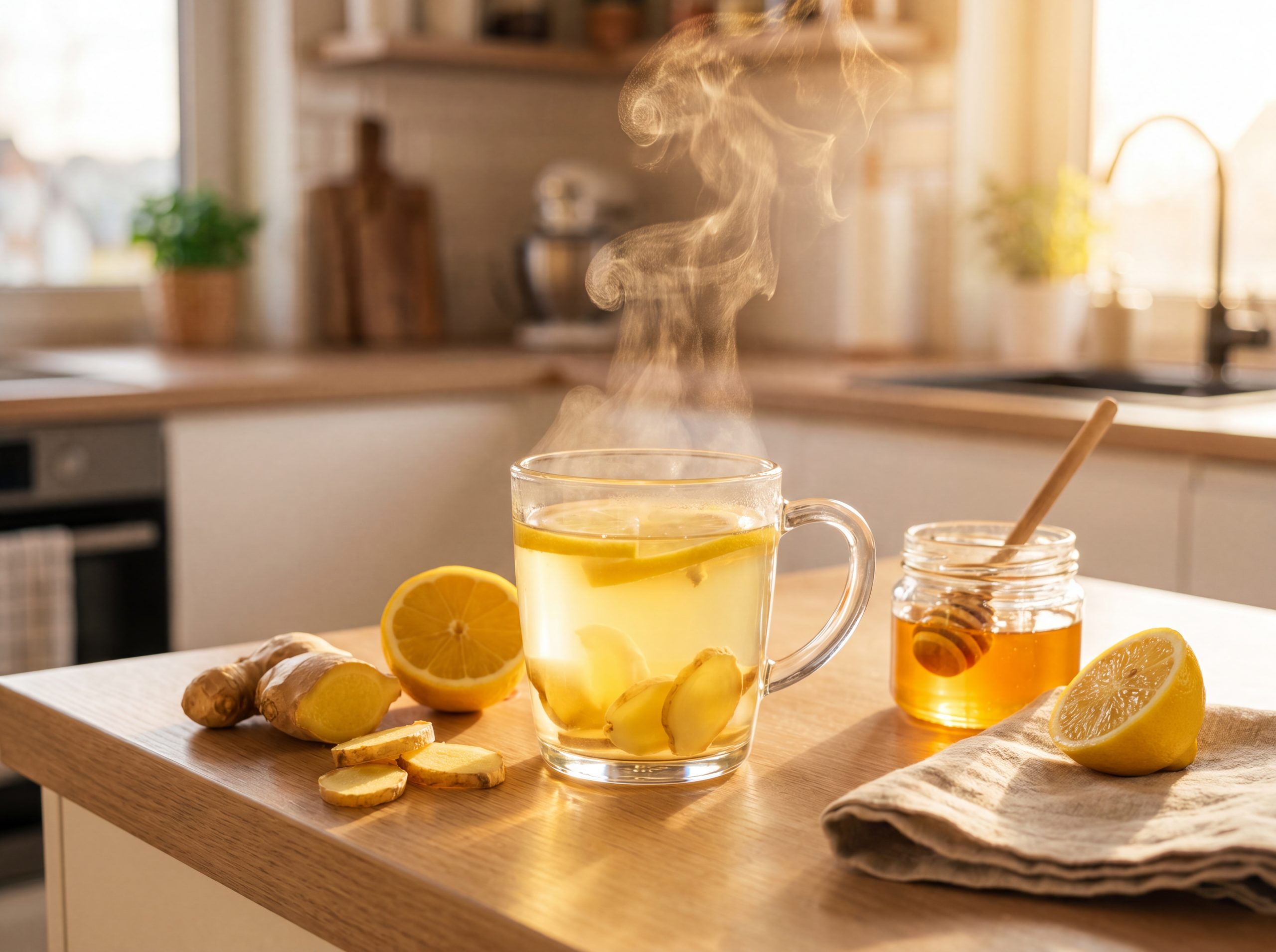 Ginger-lemon-honey tea with fresh ginger root and lemon for seasonal immune support