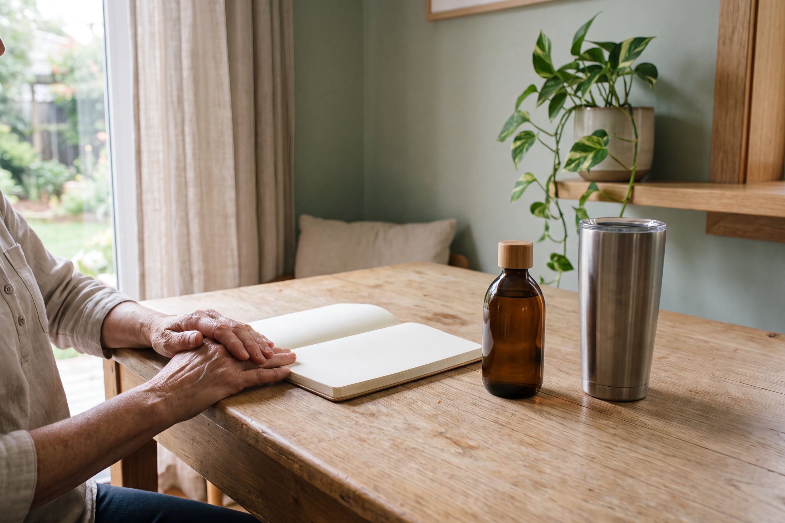 Hands on a consultation table beside a supplement bottle turned label-up and an open notebook