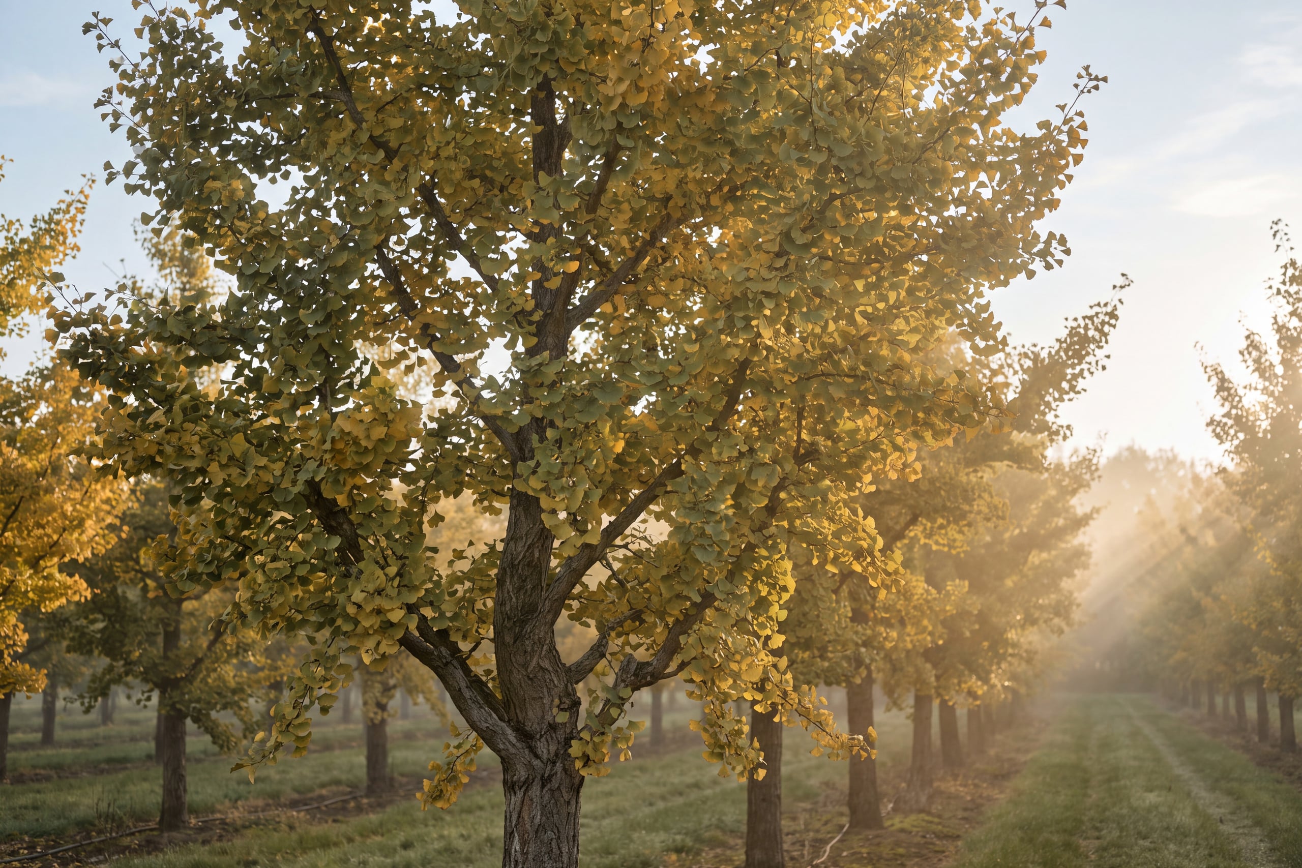 Mature Ginkgo biloba trees in an autumn orchard row with fan-shaped leaves turning gold