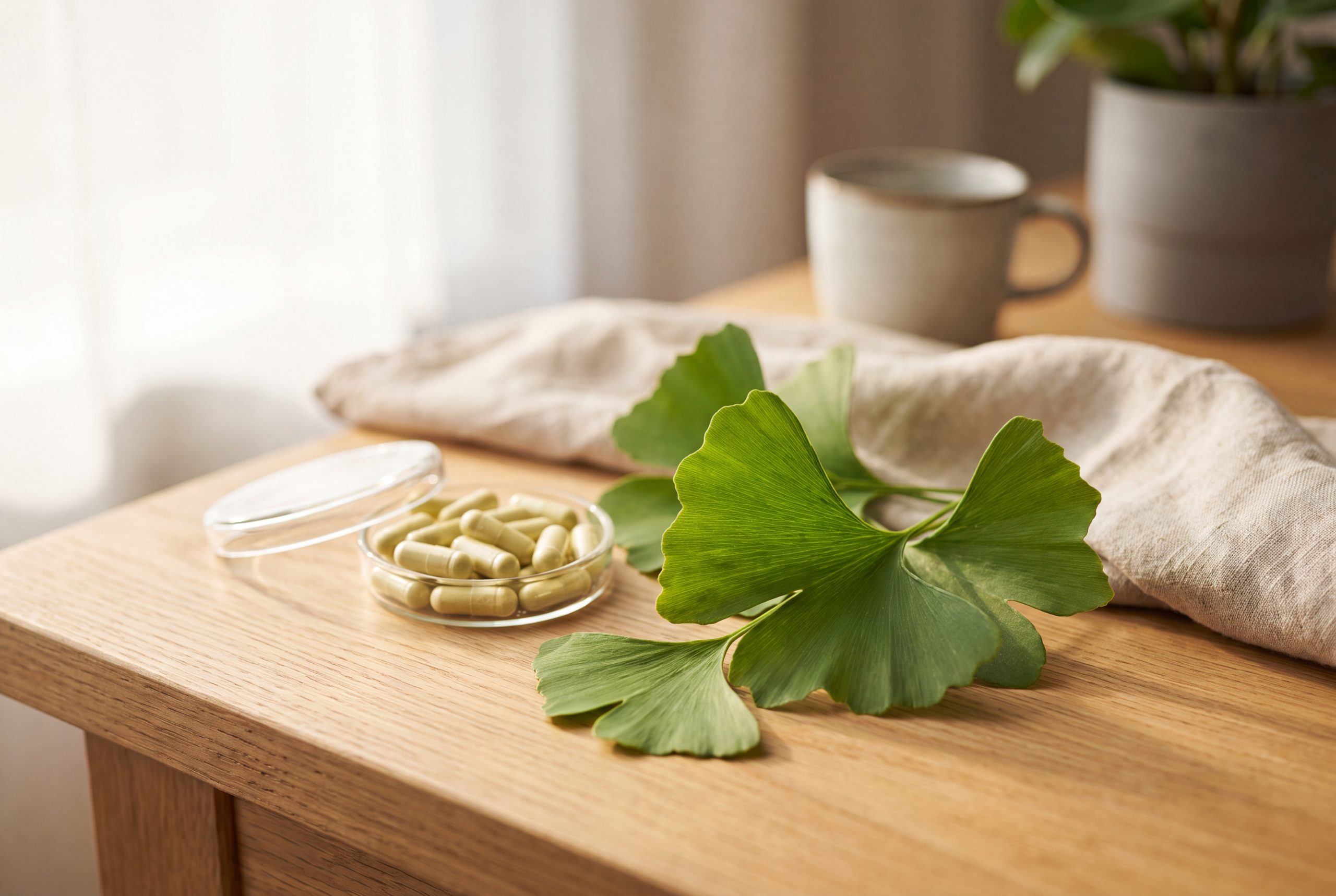 Fresh Ginkgo biloba leaves beside pale ginkgo leaf capsules on light oak in soft daylight