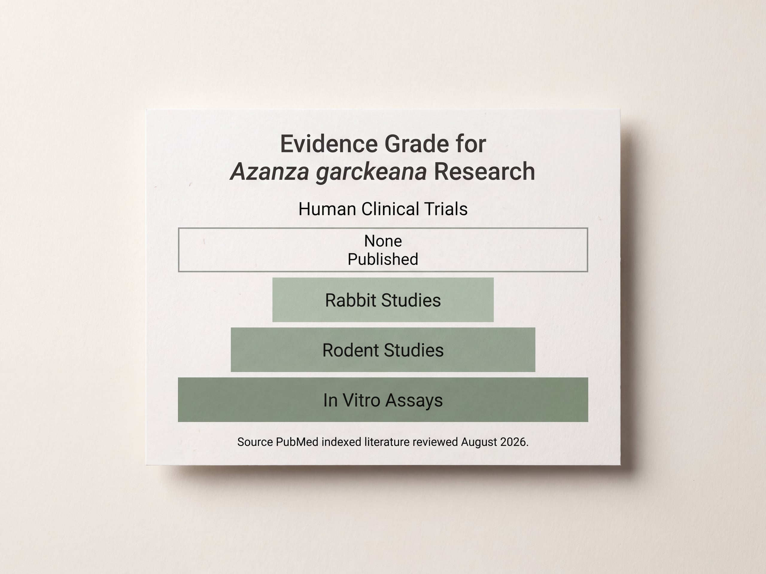 Evidence grade chart for Azanza garckeana research showing animal and in vitro studies with no human trials