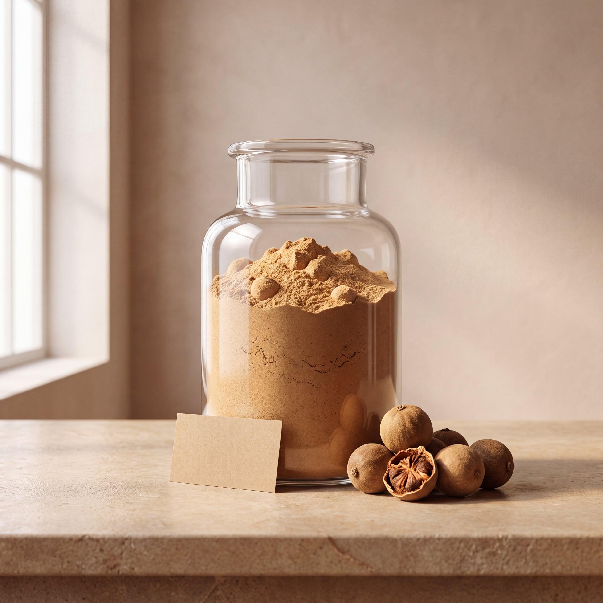 Milled Goron Tula powder in an apothecary jar beside dried Azanza garckeana fruit