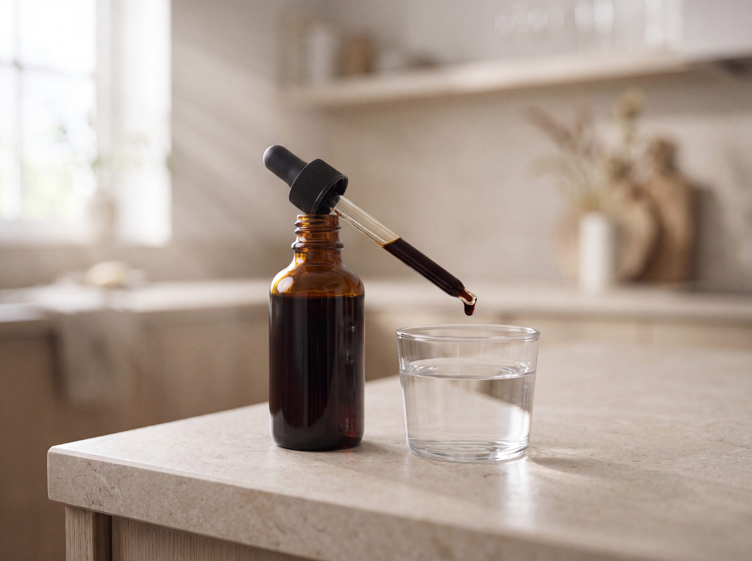 A measured dropper dose of Gouro root tincture beside a glass of water