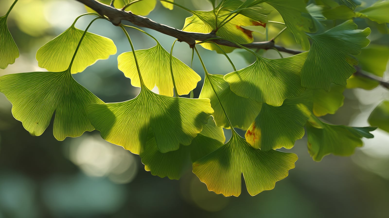 A branch showing the unique fan-shape of fresh green Ginkgo biloba leaves.