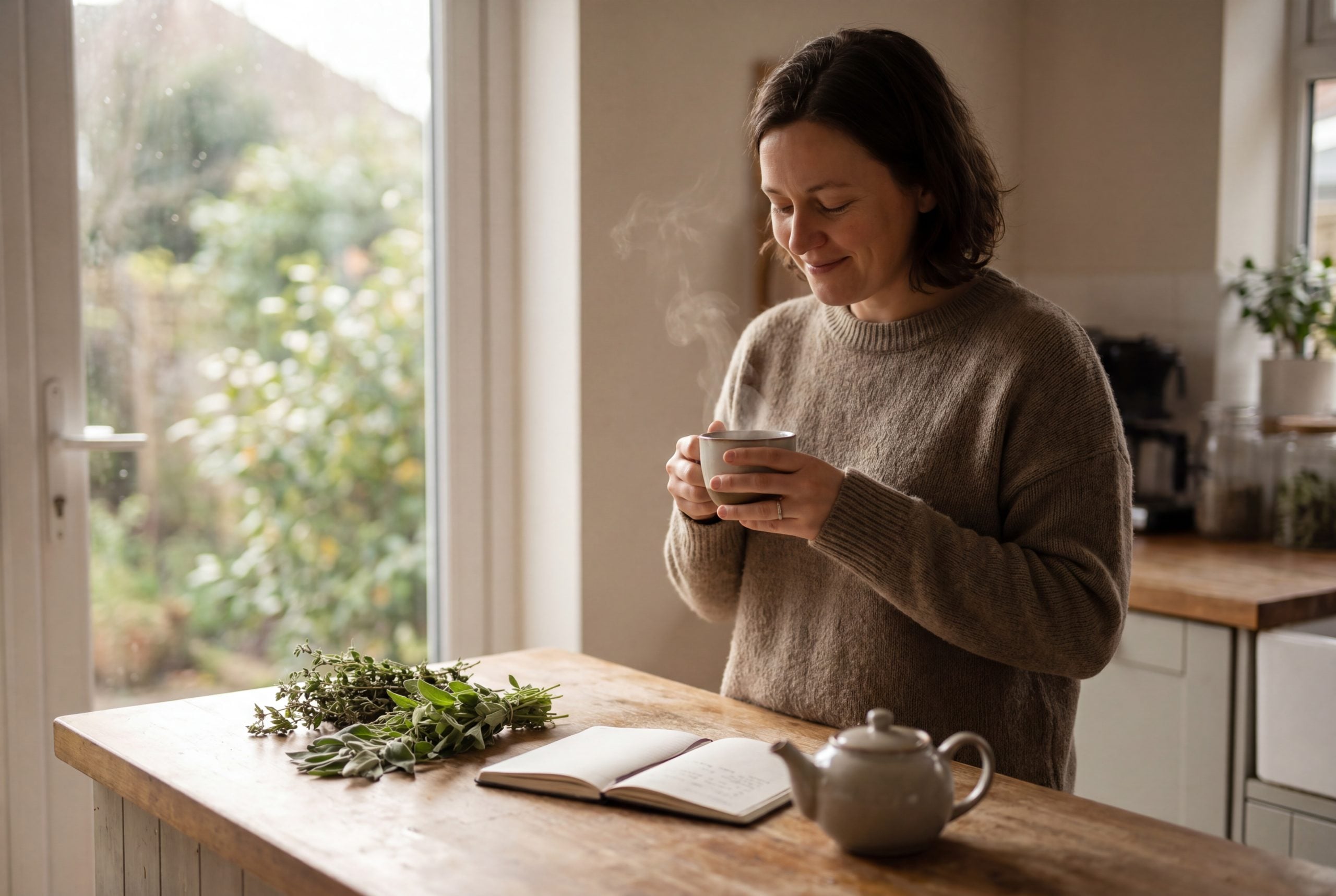 Adult holding warm herbal tea, illustrating the gut-brain axis and gut health for mental wellness