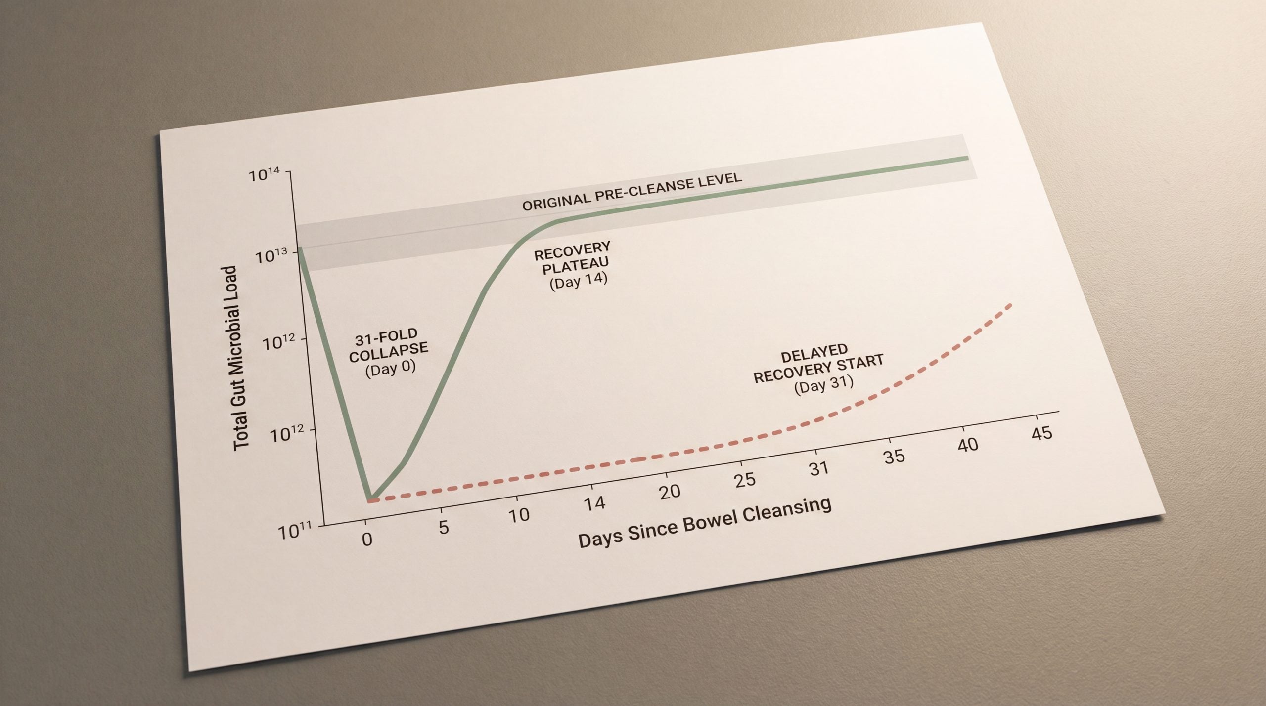 Chart showing gut microbial load falling 31-fold after bowel cleansing and recovering to baseline over 14 to 31 days