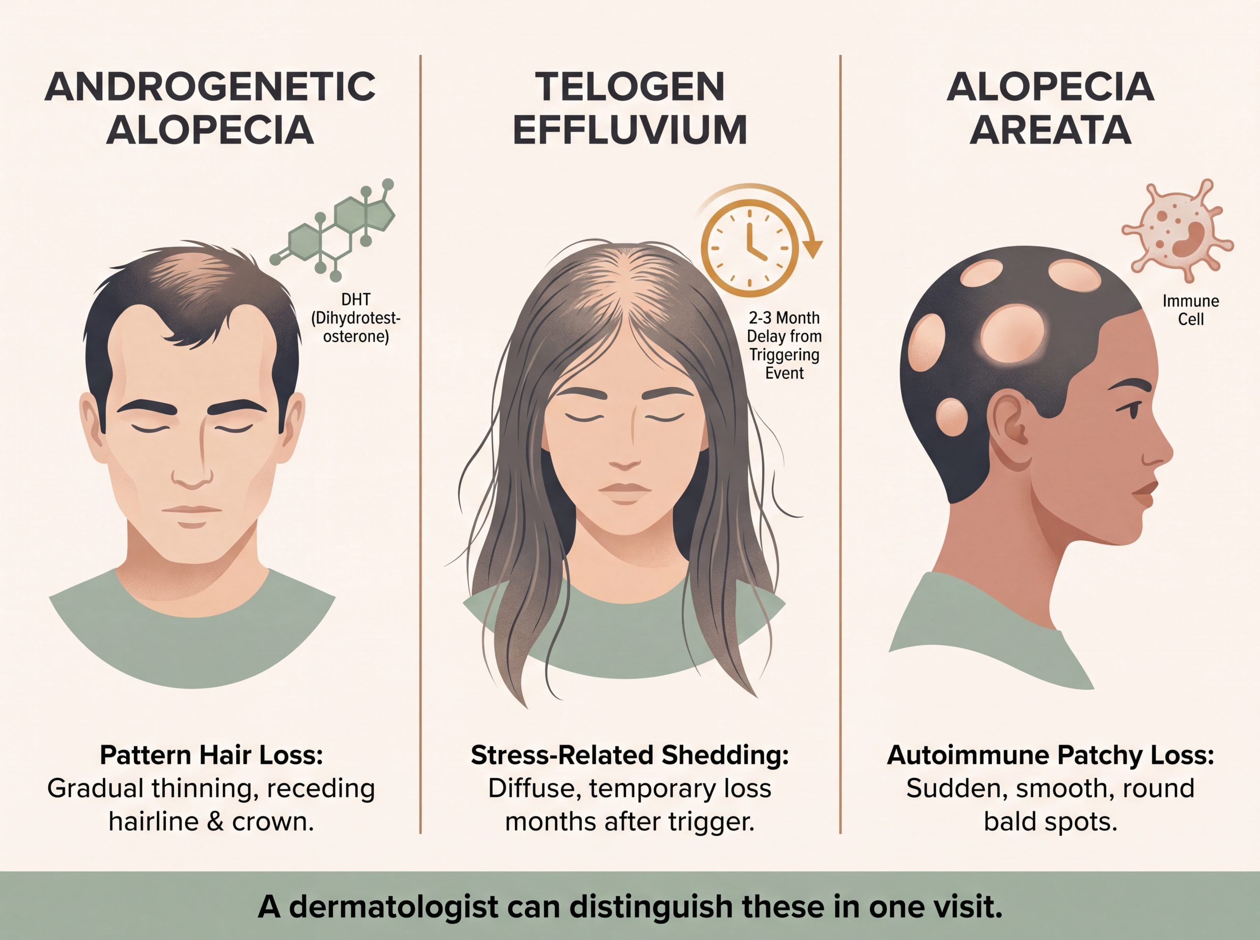 Comparison infographic of androgenetic alopecia, telogen effluvium, and alopecia areata hair loss patterns