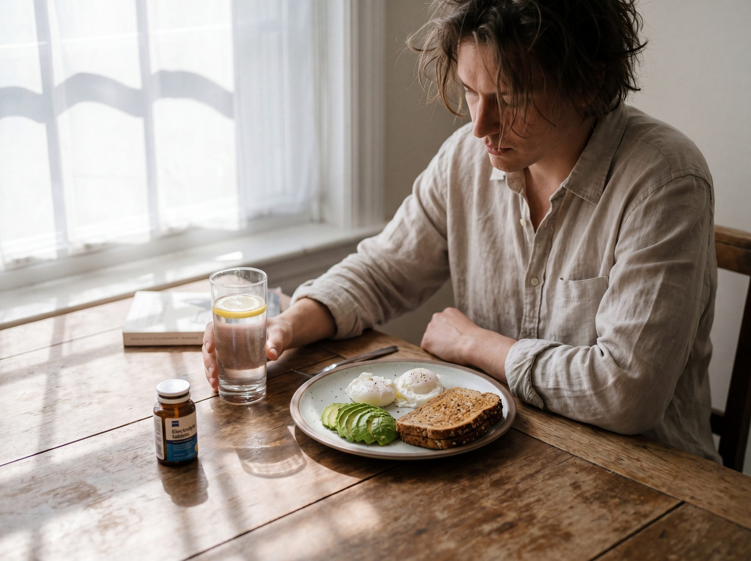 Hangover recovery scene with hydration, electrolytes, and food - the natural hangover relief foundation
