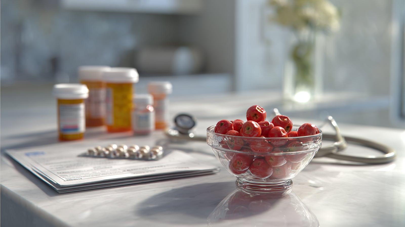 A safety image showing hawthorn berries and prescription medications, reminding users to consult a doctor about potential drug interactions.
