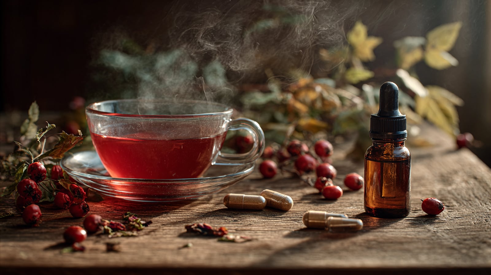 The different forms of hawthorn supplements, including a cup of tea, capsules, and a liquid tincture, used for cardiovascular health.
