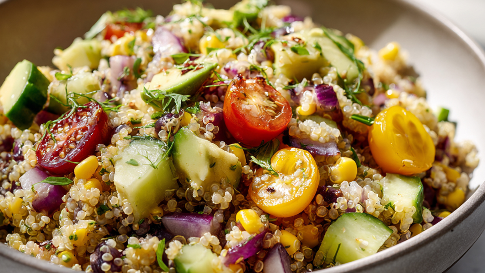 A nutritious quinoa salad featuring bright purple corn kernels as a healthy ingredient.