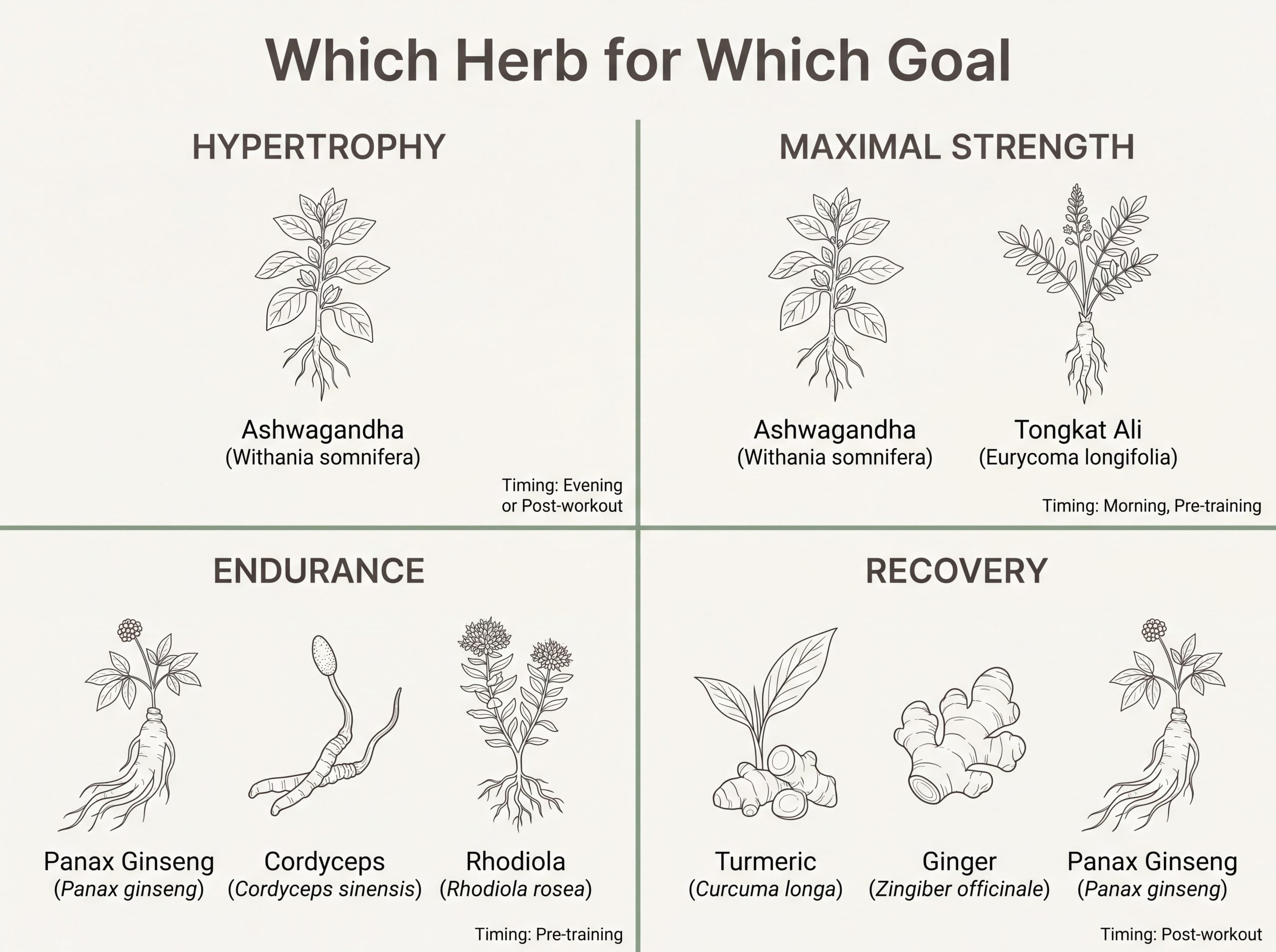 Four-quadrant chart matching herbs to hypertrophy, strength, endurance and recovery training goals