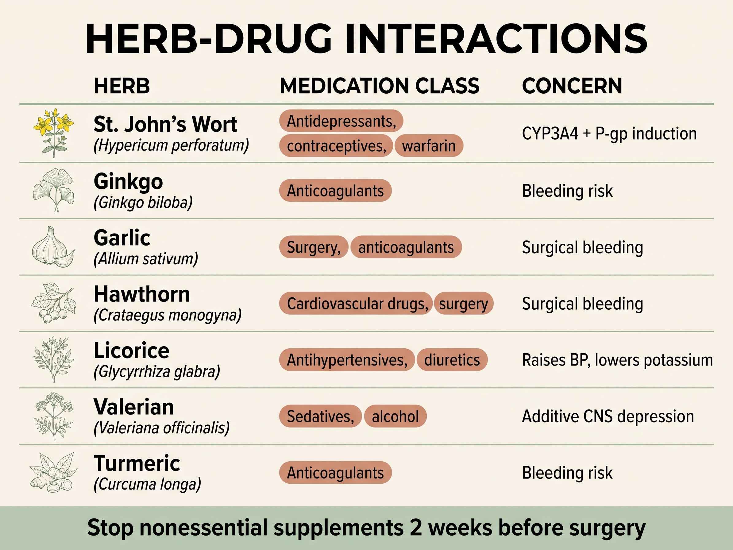 Chart pairing seven herbs, including St. John's Wort, ginkgo and garlic, with the medication classes they interact with.