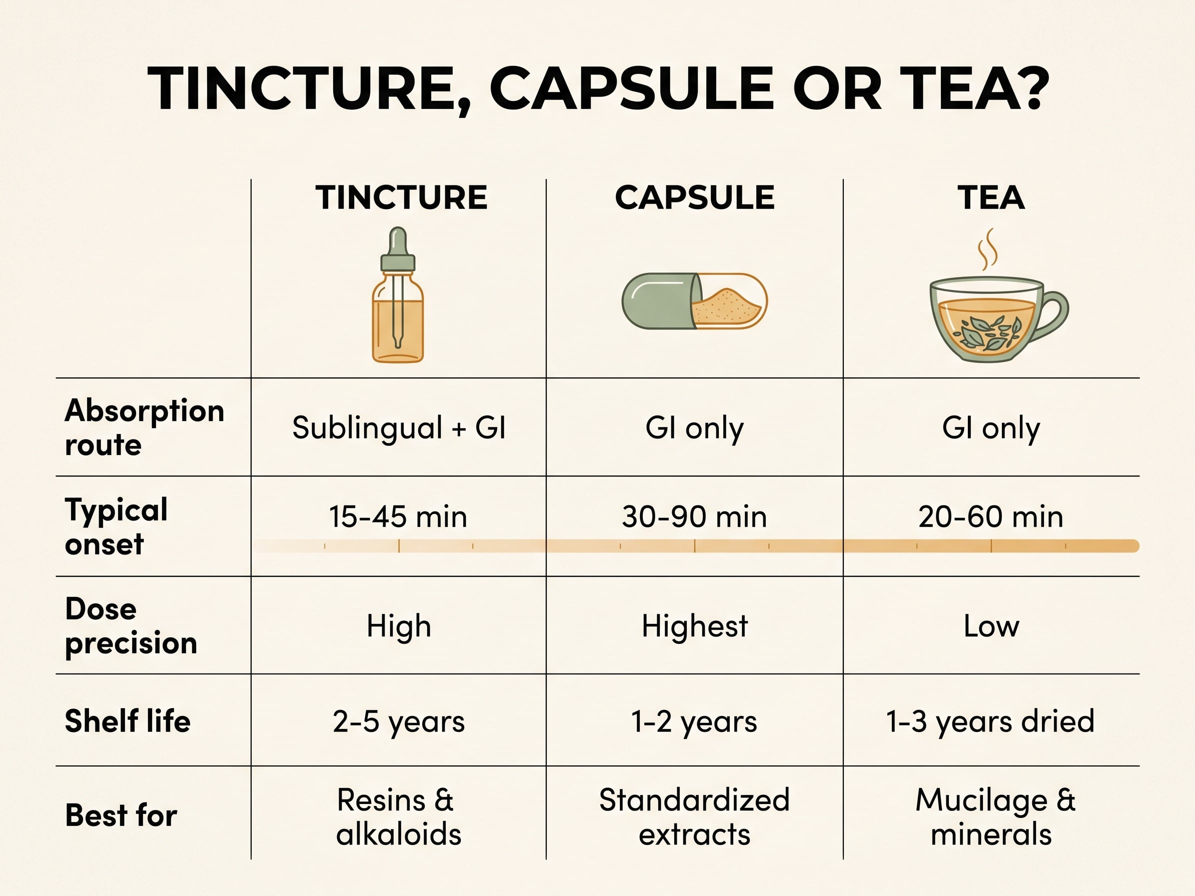 Infographic comparing tincture, capsule and herbal tea by absorption route, onset time, dose precision and shelf life.