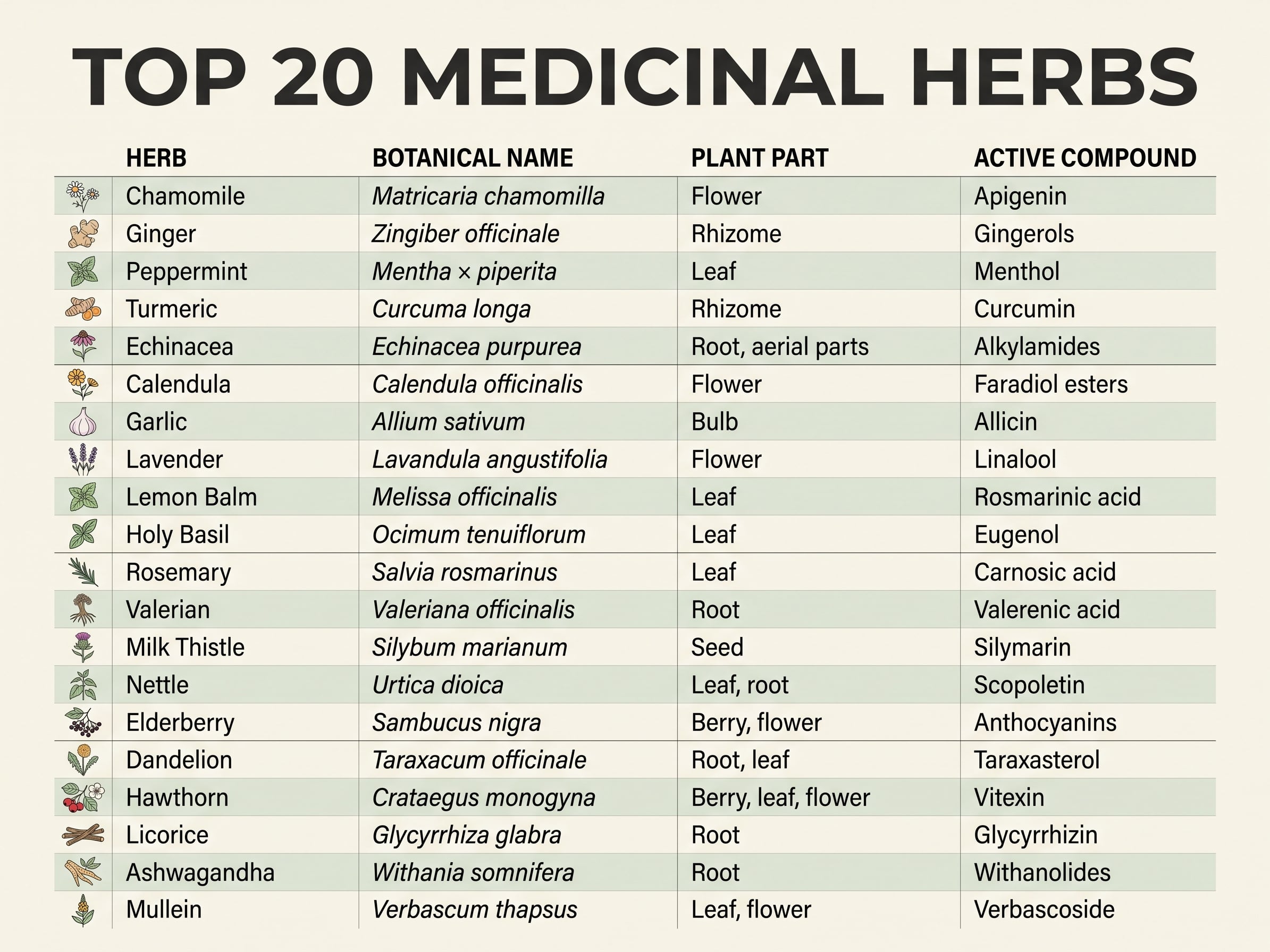 Chart of 20 medicinal herbs listing each herb's Latin binomial, plant part used and named active compound.