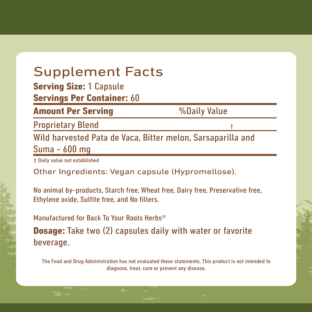 Healthy Blood Capsules Supplement facts label for Herbal Blood Purifier, showing a 600 mg proprietary blend of Pata de Vaca, Bitter melon, Sarsaparilla, and Suma.
