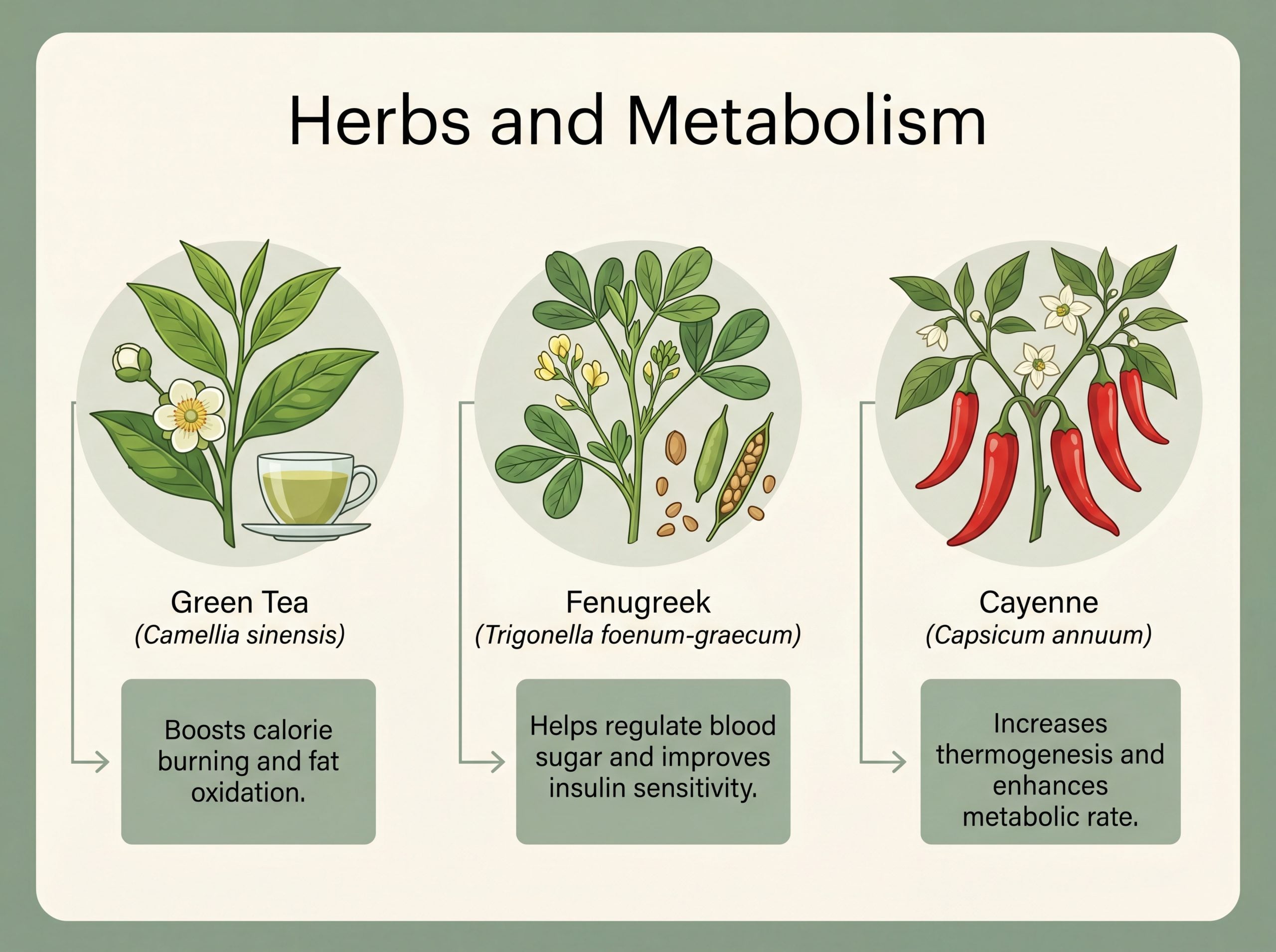 Infographic of green tea, fenugreek, and cayenne herbs traditionally used to support metabolism
