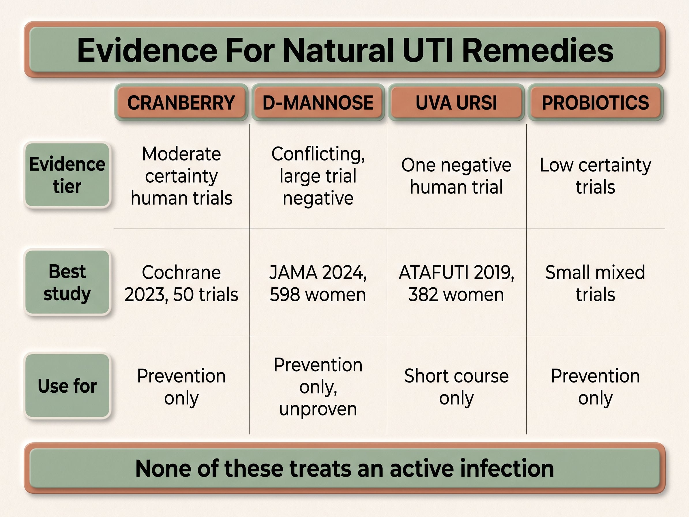 Infographic grading cranberry, D-mannose, uva ursi and probiotics for UTI by evidence tier and prevention versus treatment