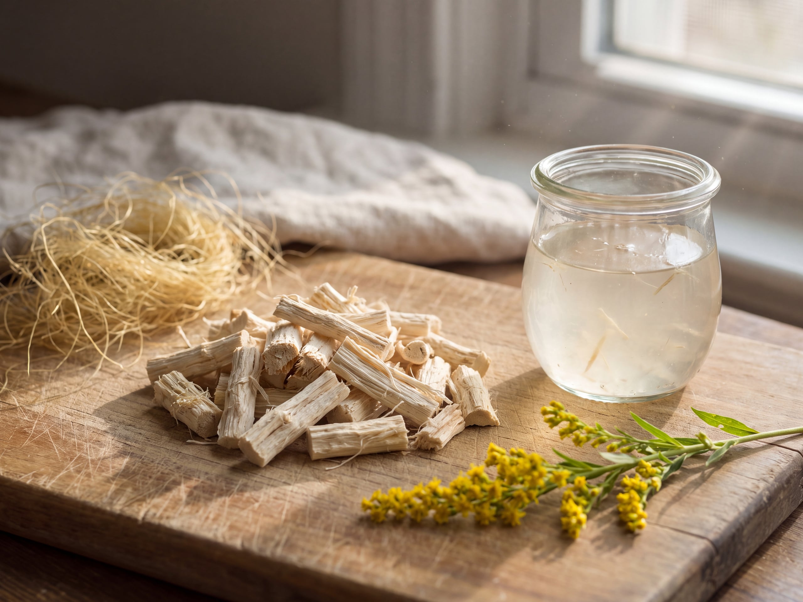 Dried marshmallow root pieces, Althaea officinalis, beside cornsilk strands on a wooden board for a soothing urinary tea